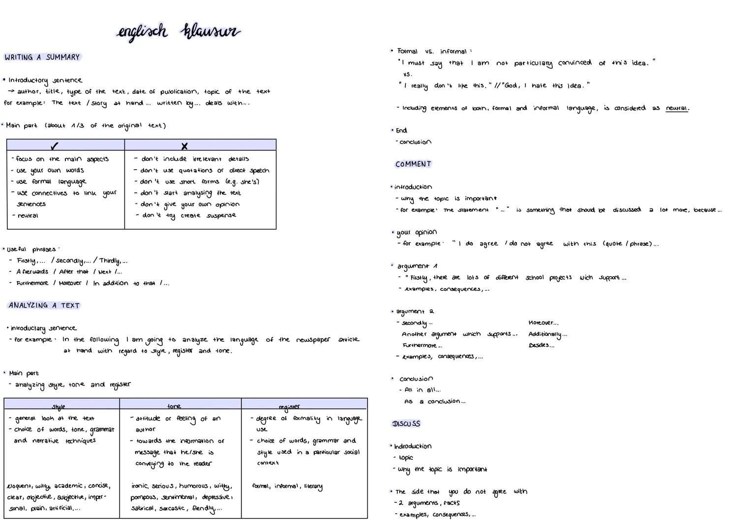 --- OCR Start ---
englisch klausur
Formal vs. informal:
WRITING A SUMMARY
"I must say that I am not particulary convinced of this idea."
vs.