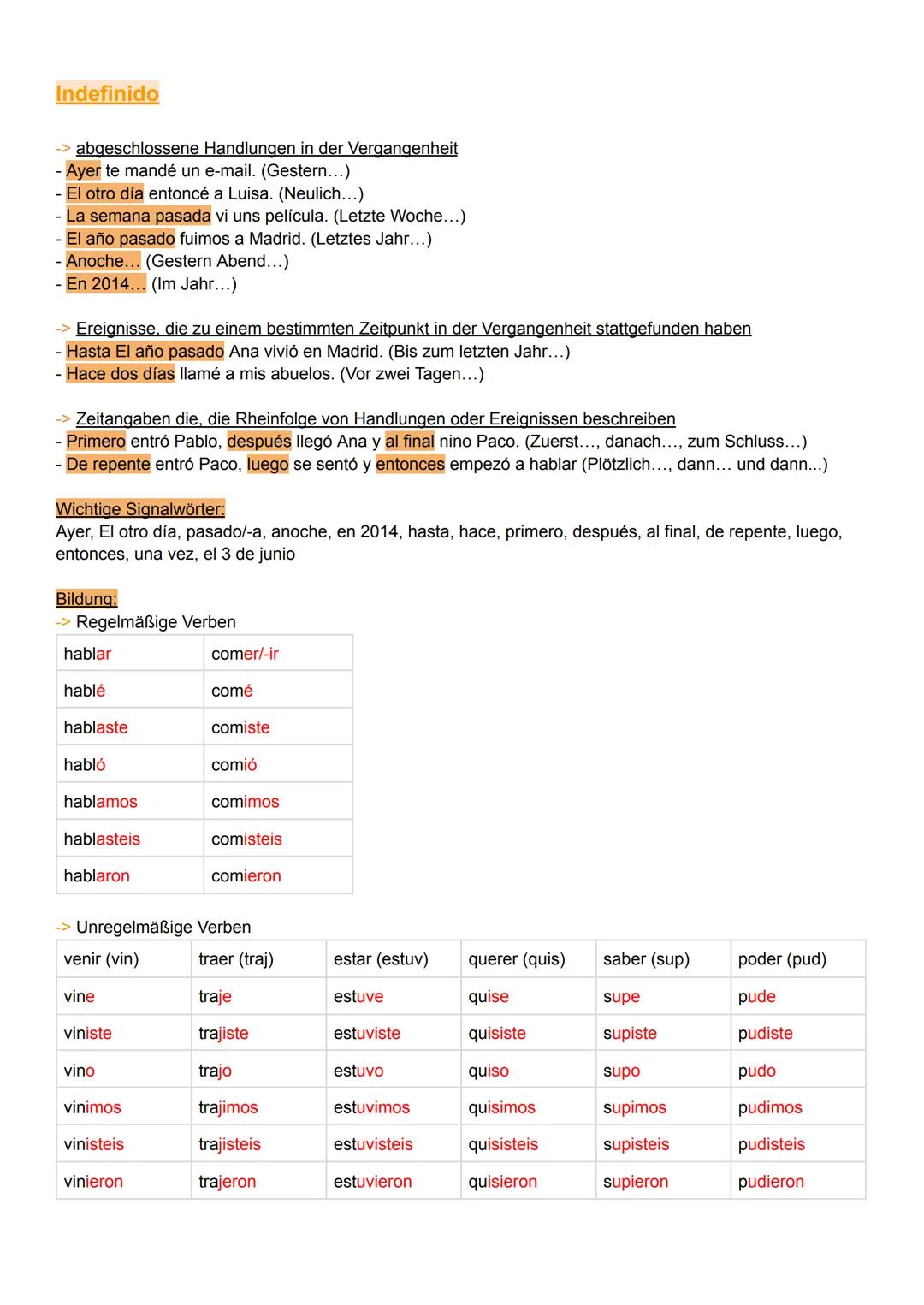--- OCR Start ---
Indefinido
-> abgeschlossene Handlungen in der Vergangenheit
- Ayer te mandé un e-mail. (Gestern...)
- El otro día entoncé