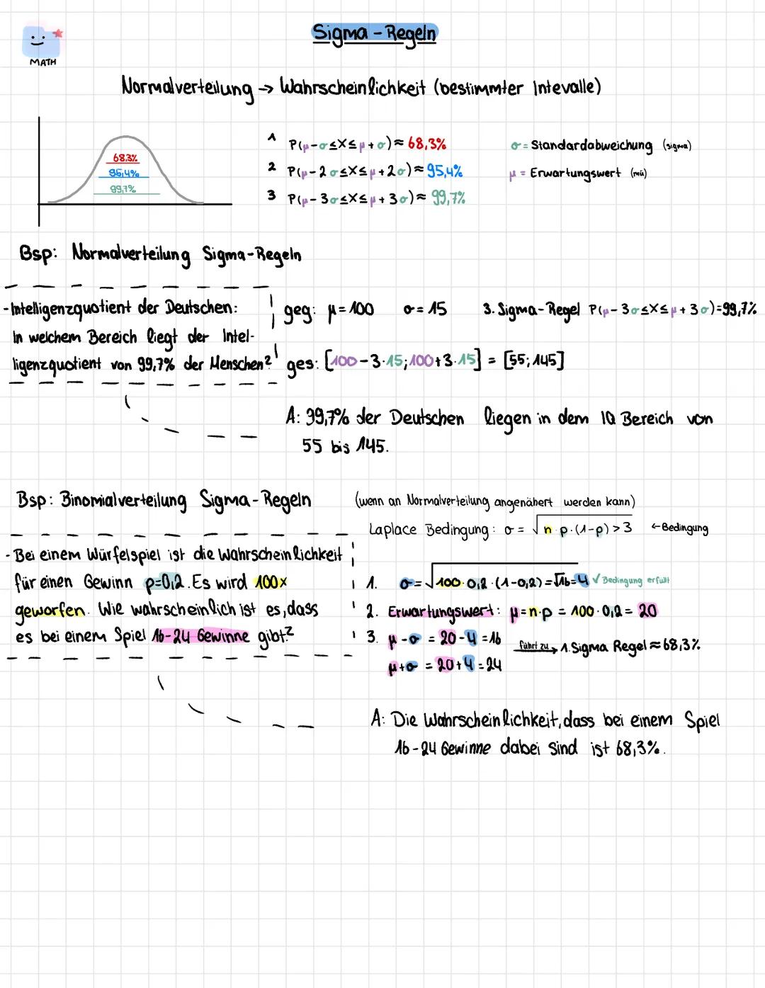 # Sigma -Regeln
Normalverteilung Wahrscheinlichkeit (bestimmter Intevalle)
68.3%
95,4%
99,7%
A $P(\mu-\sigma \leq X \leq \mu + \sigma) =