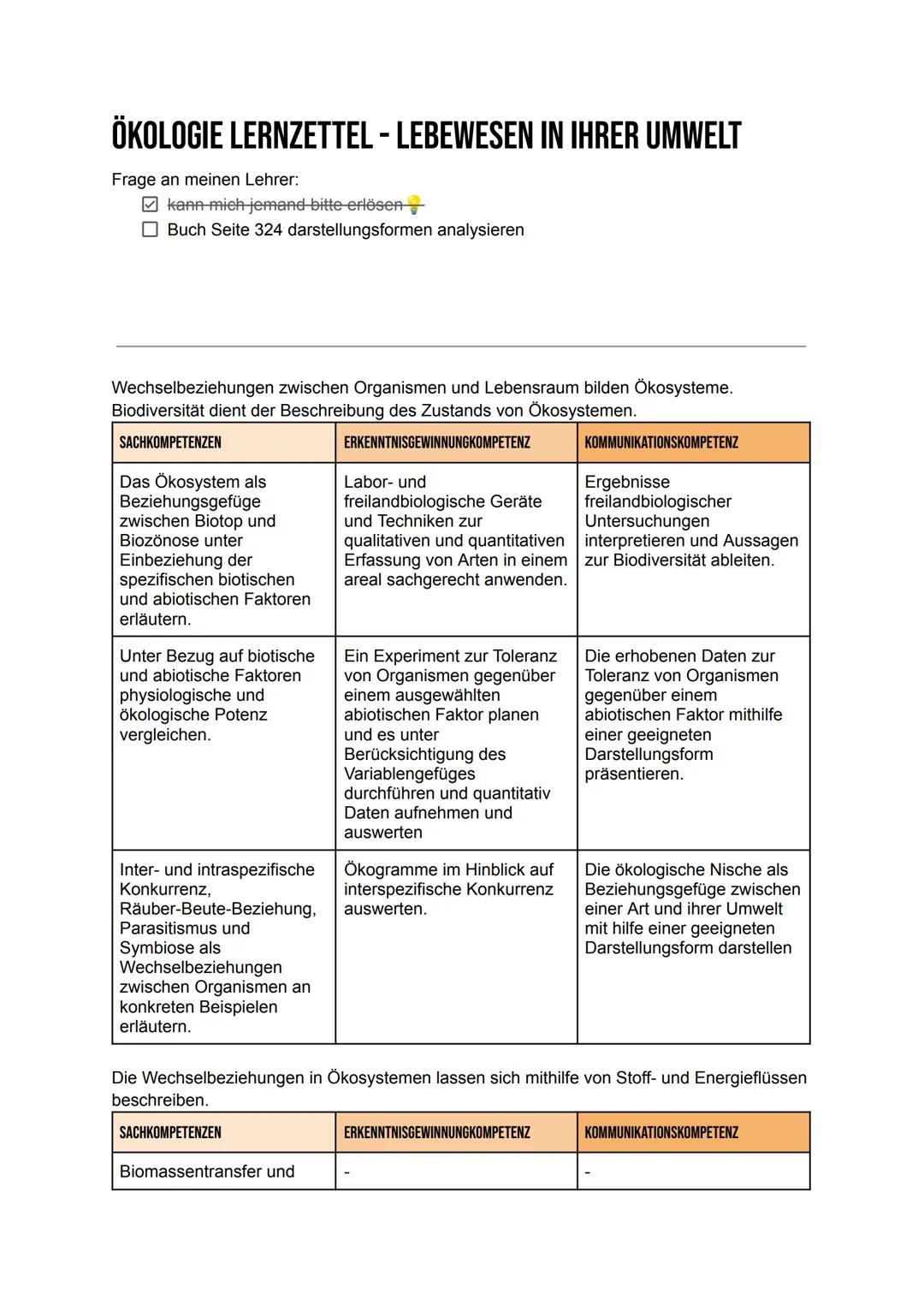 --- OCR Start ---
ÖKOLOGIE LERNZETTEL - LEBEWESEN IN IHRER UMWELT
Frage an meinen Lehrer:
☑ kann mich jemand bitte erlösen
☐ Buch Seite 324