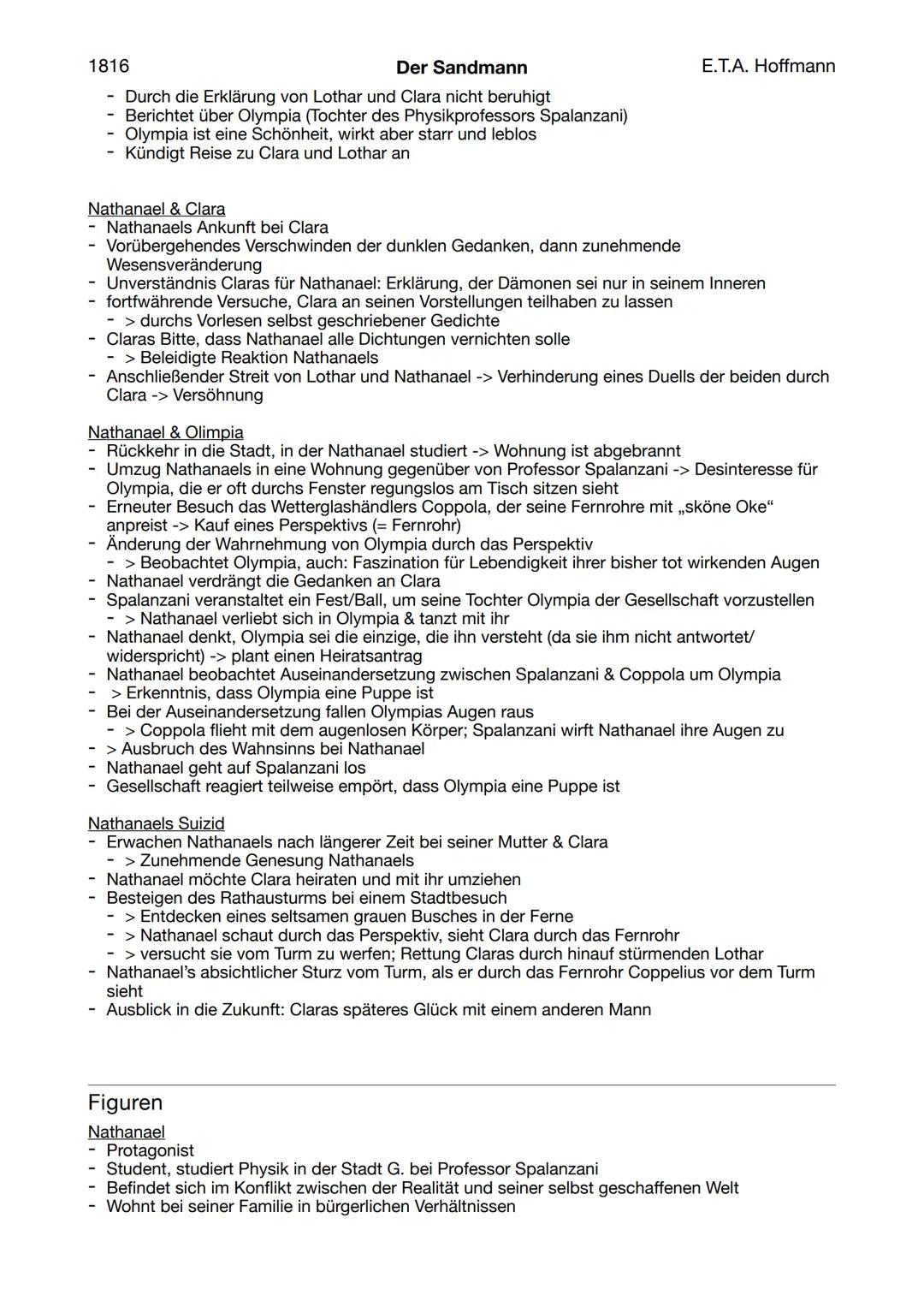 --- OCR Start ---
1816
Jahr: 1816
Der Sandmann
Textsorte: Erzählung -> Novelle
E.T.A. Hoffmann
Zusammenfassung
Lebensgeschichte des Studente