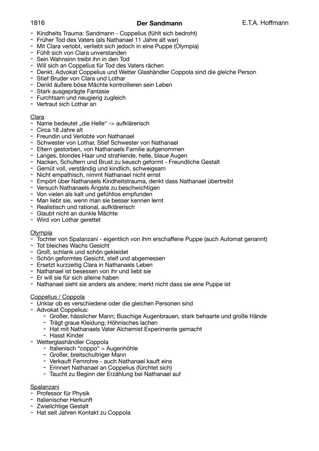 --- OCR Start ---
1816
Jahr: 1816
Der Sandmann
Textsorte: Erzählung -> Novelle
E.T.A. Hoffmann
Zusammenfassung
Lebensgeschichte des Studente