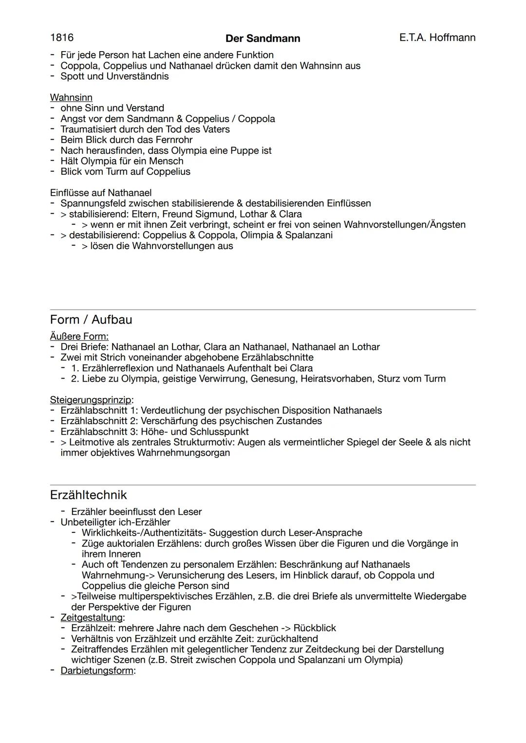 --- OCR Start ---
1816
Jahr: 1816
Der Sandmann
Textsorte: Erzählung -> Novelle
E.T.A. Hoffmann
Zusammenfassung
Lebensgeschichte des Studente