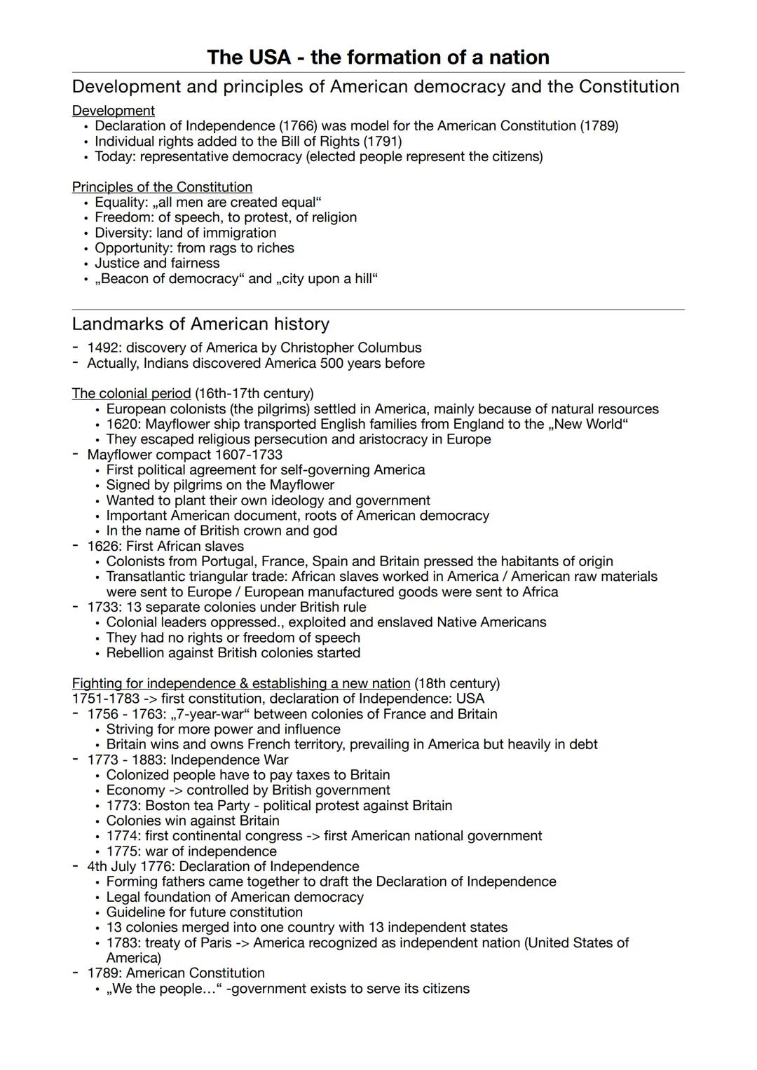 The USA - the formation of a nation, Englisch Abitur Q1