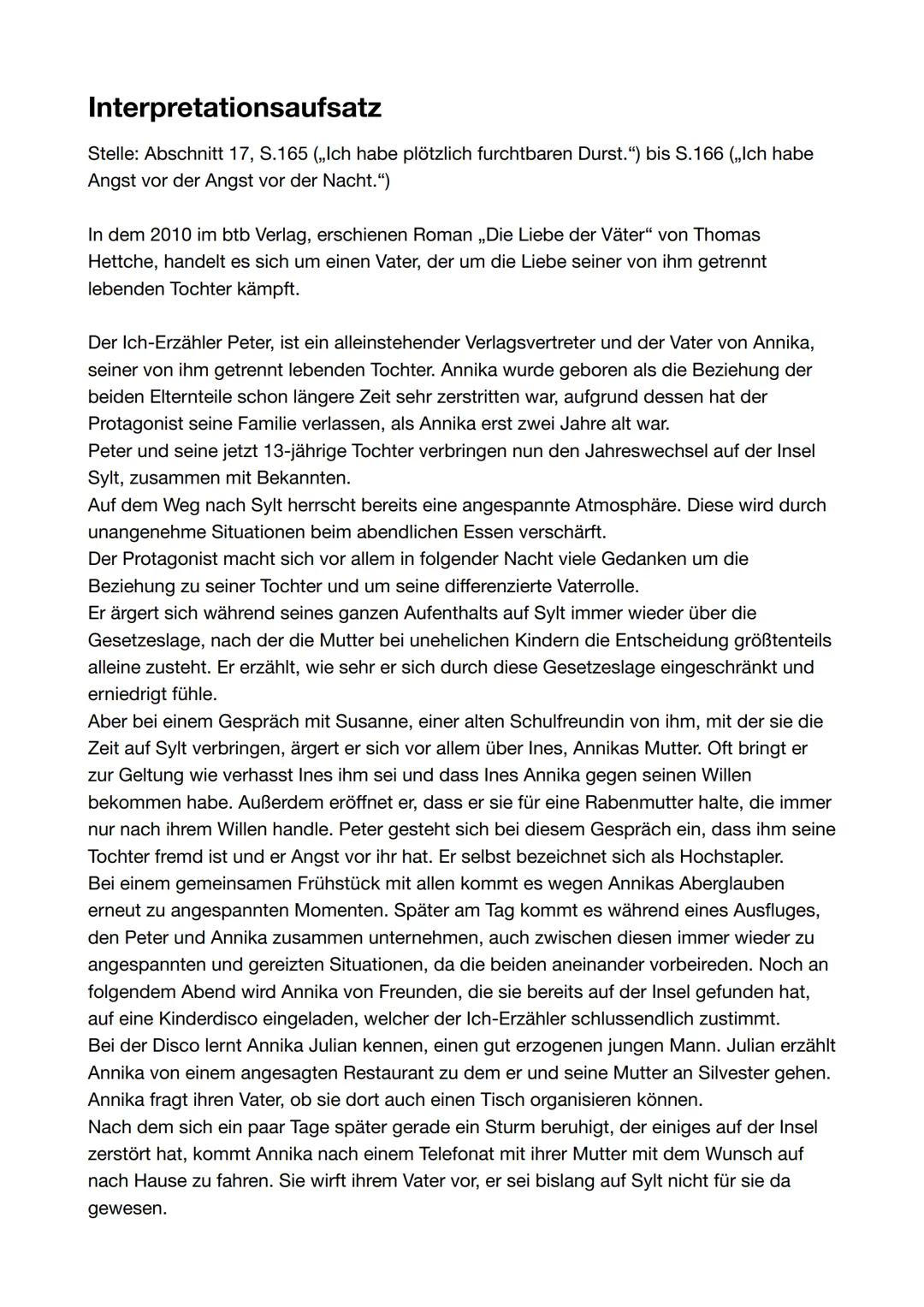 # Interpretationsaufsatz
Stelle: Abschnitt 17, S.165 (,,Ich habe plötzlich furchtbaren Durst.") bis S.166 (,,Ich habe
Angst vor der Angst v