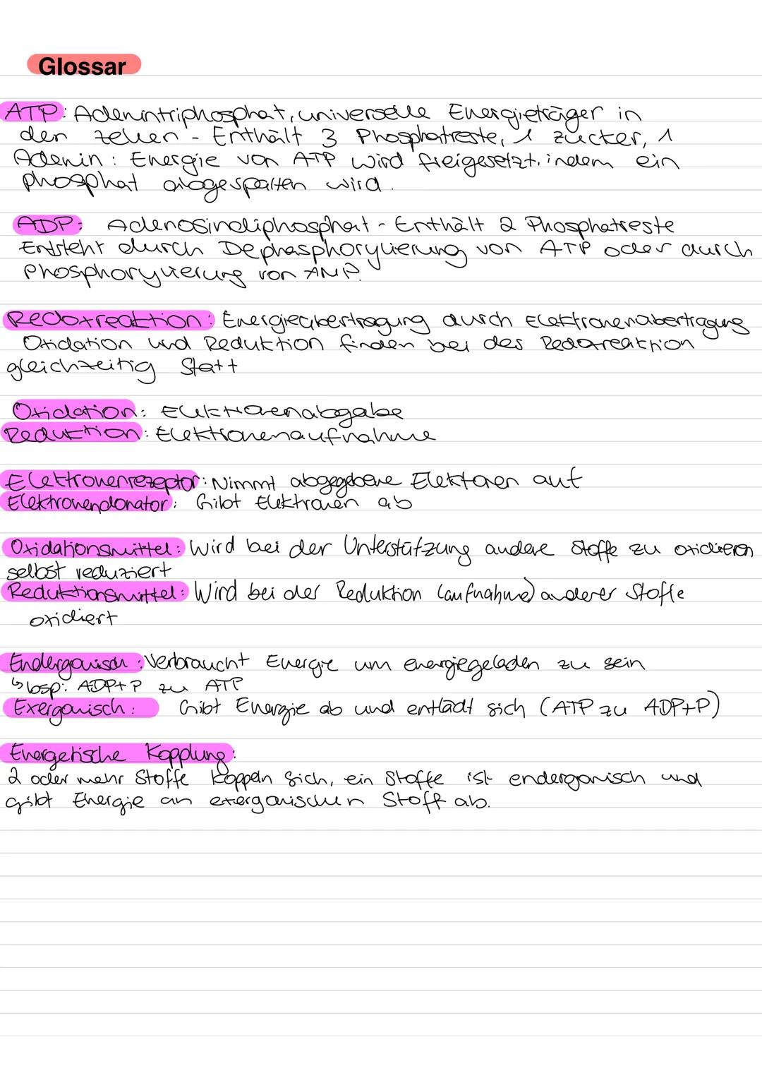 --- OCR Start ---
Glossar
ATP: Adenintriphosphat, universelle Energieträger in
denzellen - Enthält 3 Phosphatreste, zucker, 1
Adenin: Energ