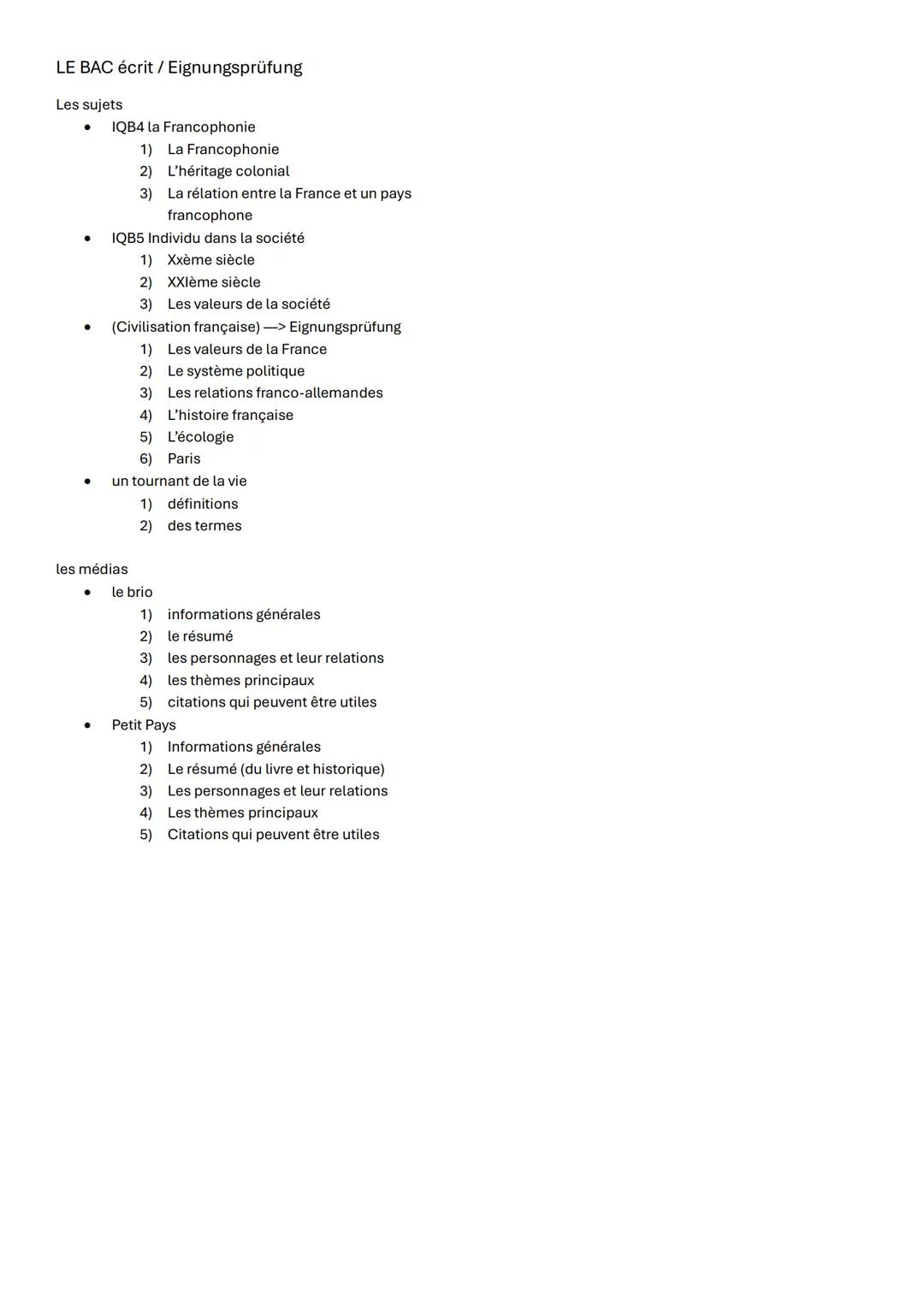 LE BAC écrit / Eignungsprüfung
Les sujets
* IQB4 la Francophonie
1) La Francophonie
2) L'héritage colonial
3) La rélation e