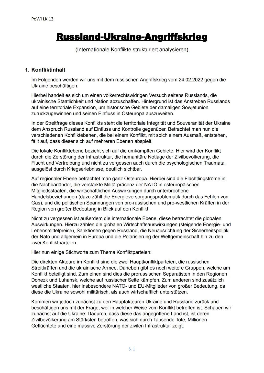 PoWi LK 13
# Russland-Ukraine-Angriffskrieg
(Internationale Konflikte strukturiert analysieren)
1. Konfliktinhalt
Im Folgenden werden wir