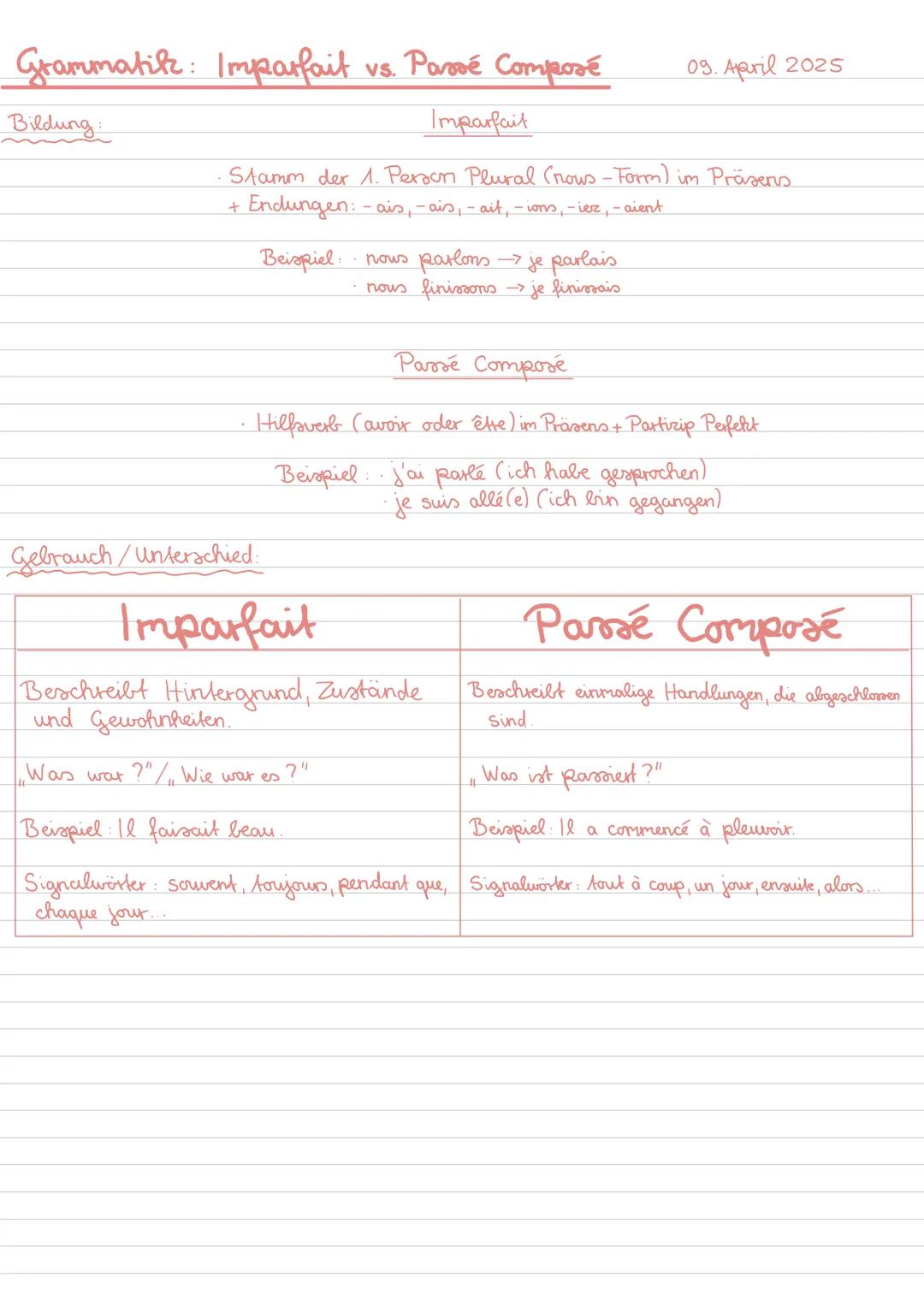 --- OCR Start ---
Grammatik: Imparfait vs. Passé Composé
Bildung:
Imparfait
09. April 2025
Stamm der 1. Person Plural (nous-Form) im Präsens
