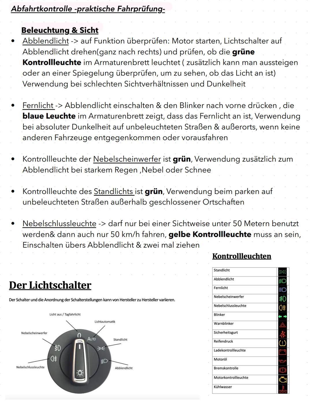 # Abfahrtkontrolle -praktische Fahrprüfung-
• Beleuchtung & Sicht
• Abblendlicht -> auf Funktion überprüfen: Motor starten, Lichtschalter