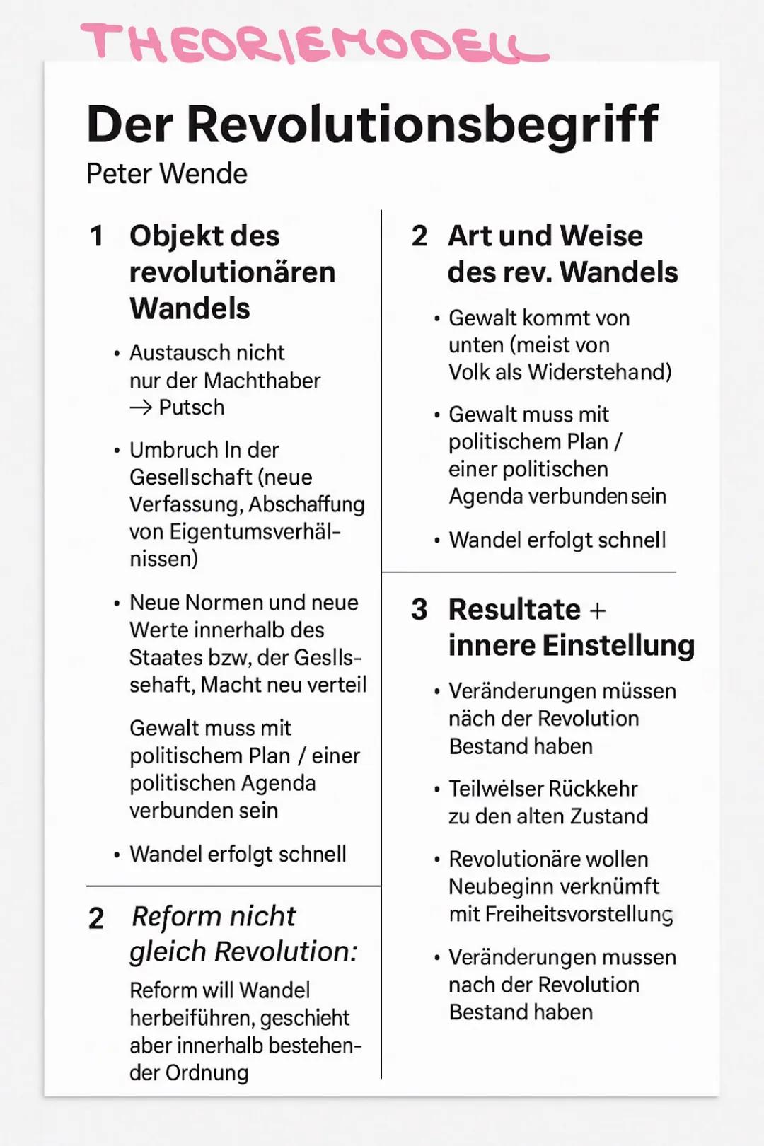 THEORIEMODELL
Der Revolutionsbegriff
Peter Wende
1 Objekt des
revolutionären
Wandels
• Austausch nicht
nur der Machthaber
→ Putsch
• Umbruc