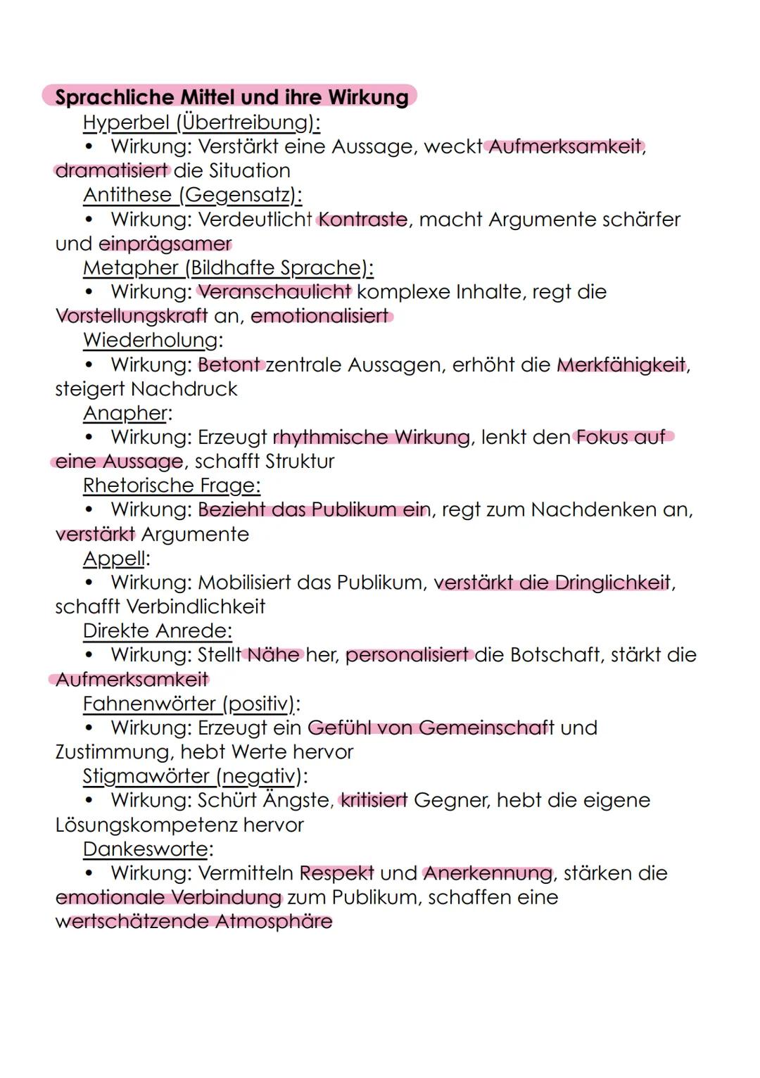 --- OCR Start ---
Sprachliche Mittel und ihre Wirkung
Hyperbel (Übertreibung):
• Wirkung: Verstärkt eine Aussage, weckt Aufmerksamkeit,
dram