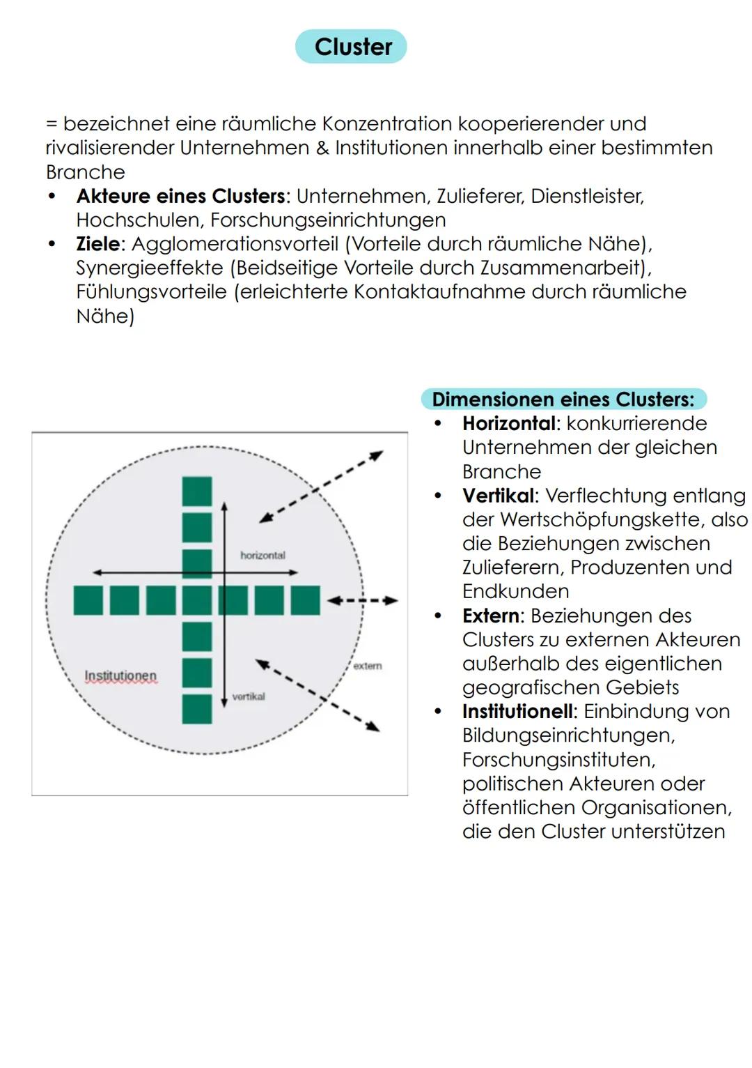 Cluster
= bezeichnet eine räumliche Konzentration kooperierender und
rivalisierender Unternehmen & Institutionen innerhalb einer bestimmten