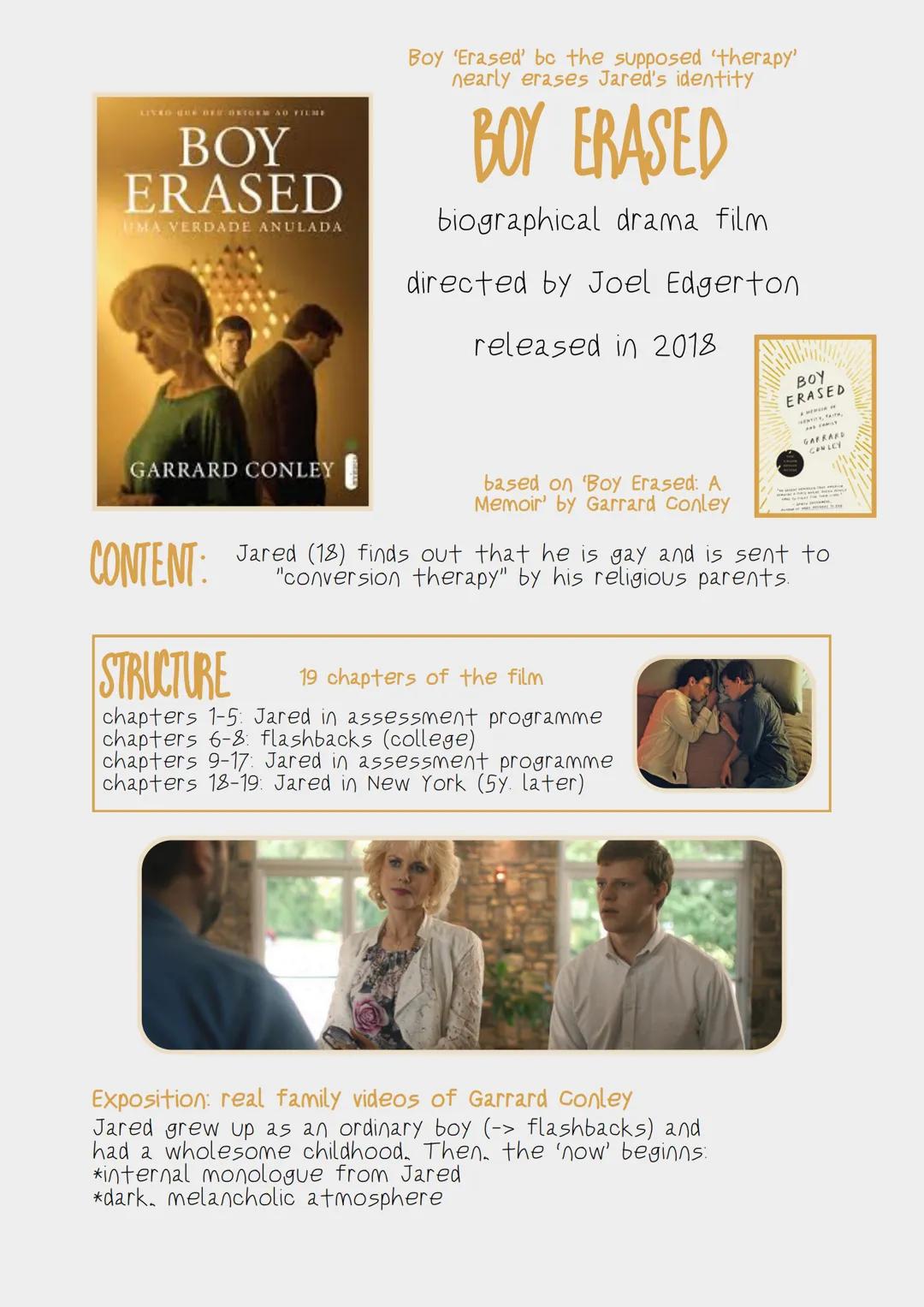 # Boy Erased
Boy 'Erased' bc the supposed 'therapy' nearly erases Jared's identity
## BOY ERASED
biographical drama film
directed by Joel