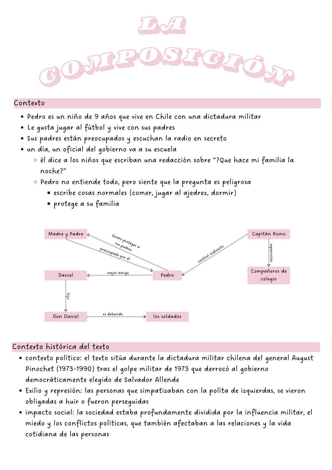 --- OCR Start ---
LA
COMPOSICIÓN
Contexto
• Pedro es un niño de 9 años que vive en Chile con una dictadura militar
• Le gusta jugar al fútbo