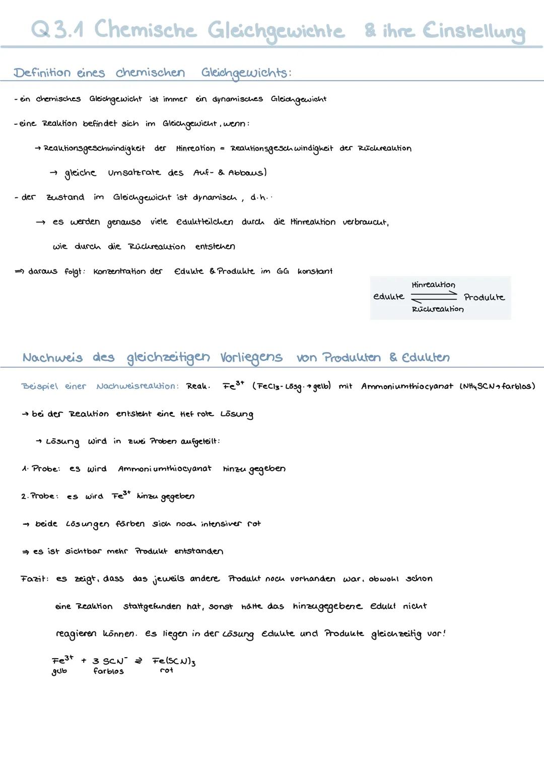 Q3.1 Chemische Gleichgewichte & ihre Cinstellung
Definition eines chemischen Gleichgewichts:
- ein chemisches Gleichgewicht ist immer ein dy