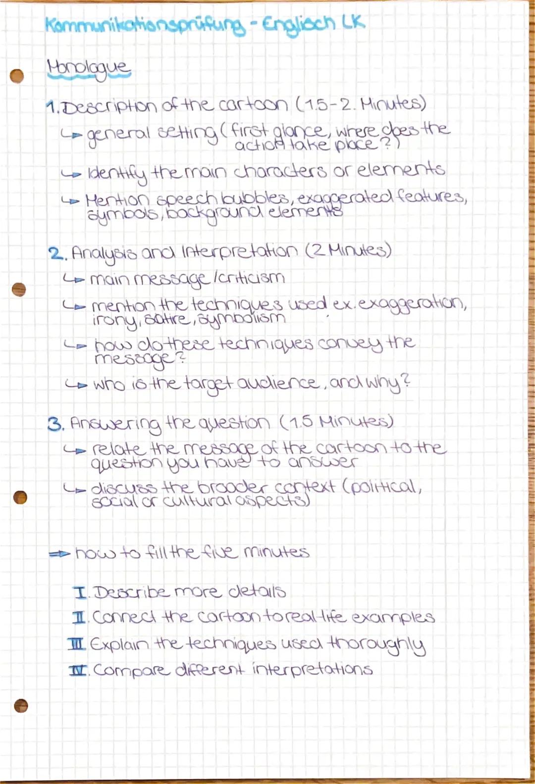 --- OCR Start ---
Kommunikationsprüfung - Englisch LK
Monologue
1. Description of the cartoon (1.5-2. Minutes)
- general setting (first glan