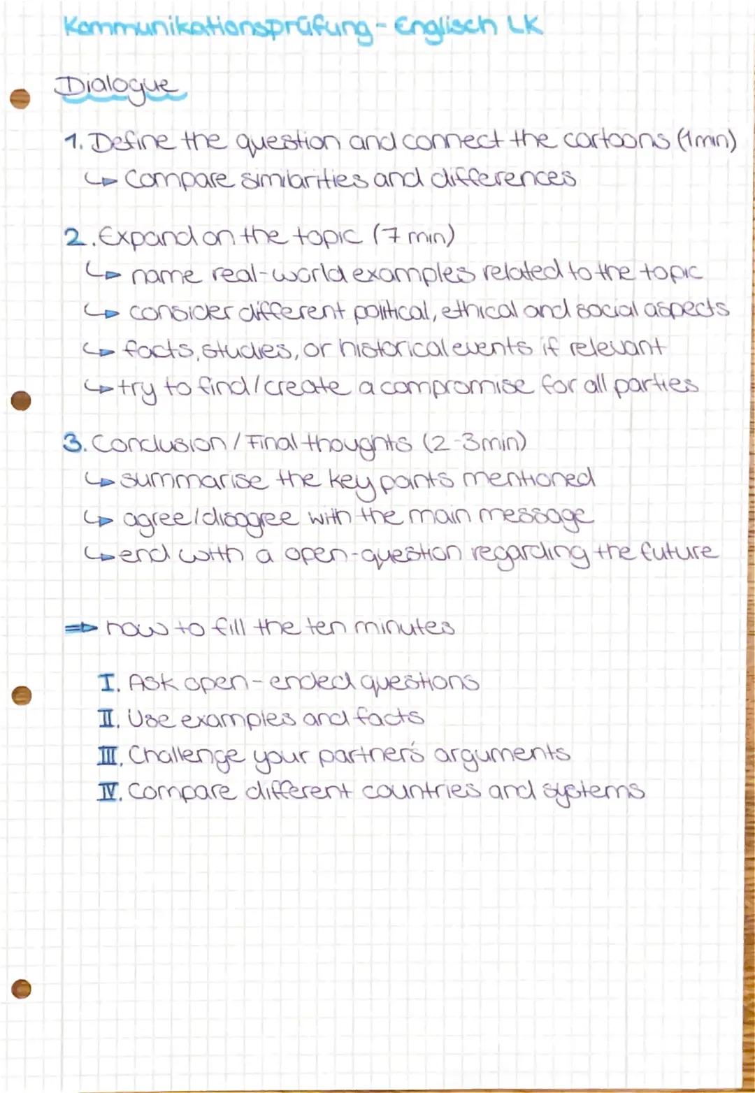 --- OCR Start ---
Kommunikationsprüfung - Englisch LK
Monologue
1. Description of the cartoon (1.5-2. Minutes)
- general setting (first glan