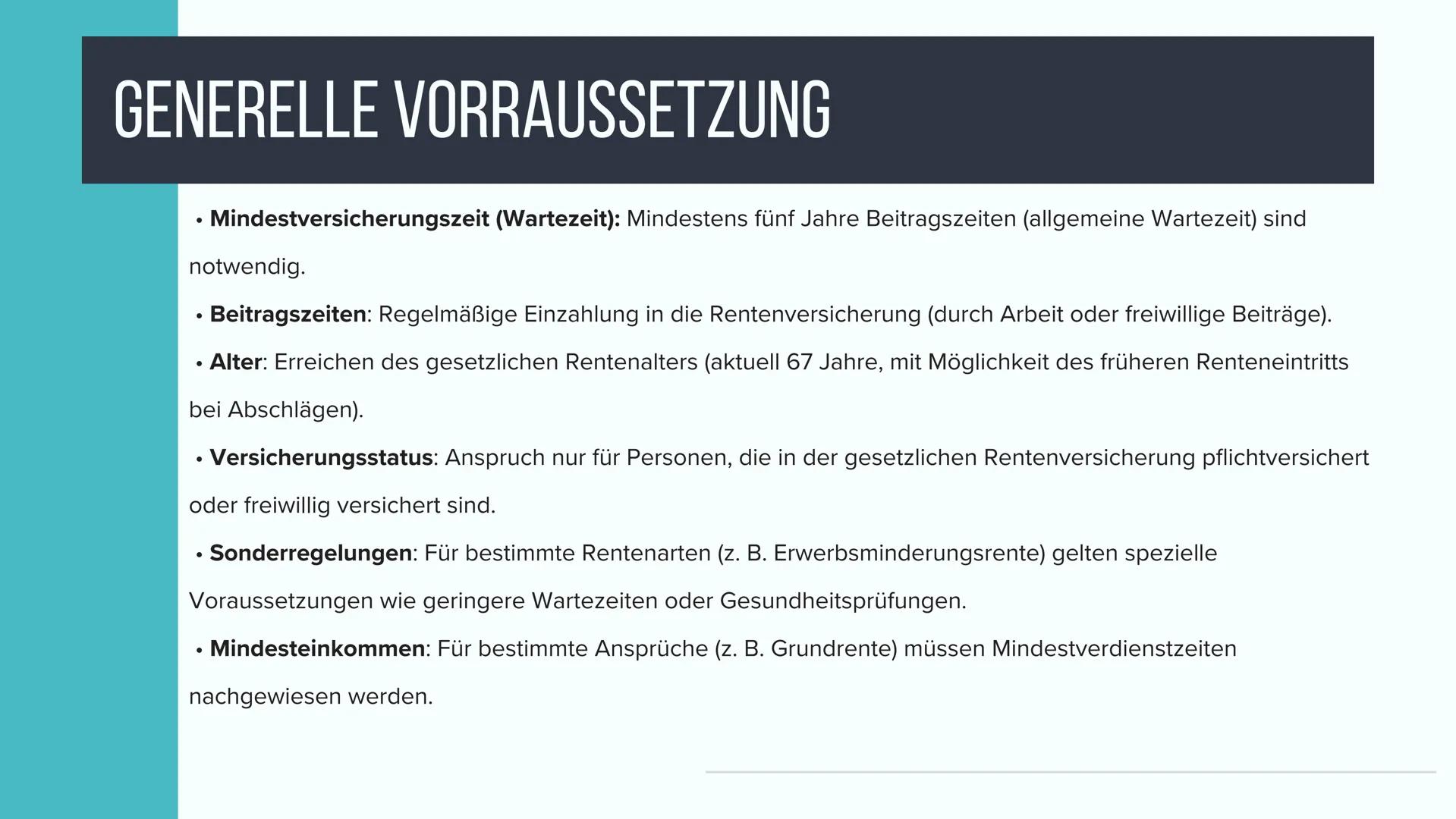 RENTENVERSICHERUNG # INHALTSVERZEICHNIS
1. GESCHICHTE DER RENTENVERSICHERUNG
2. GENERELLE VORAUSSETZUNG
3. GENERELLE LEISTUNG
4. ALTERSRENT