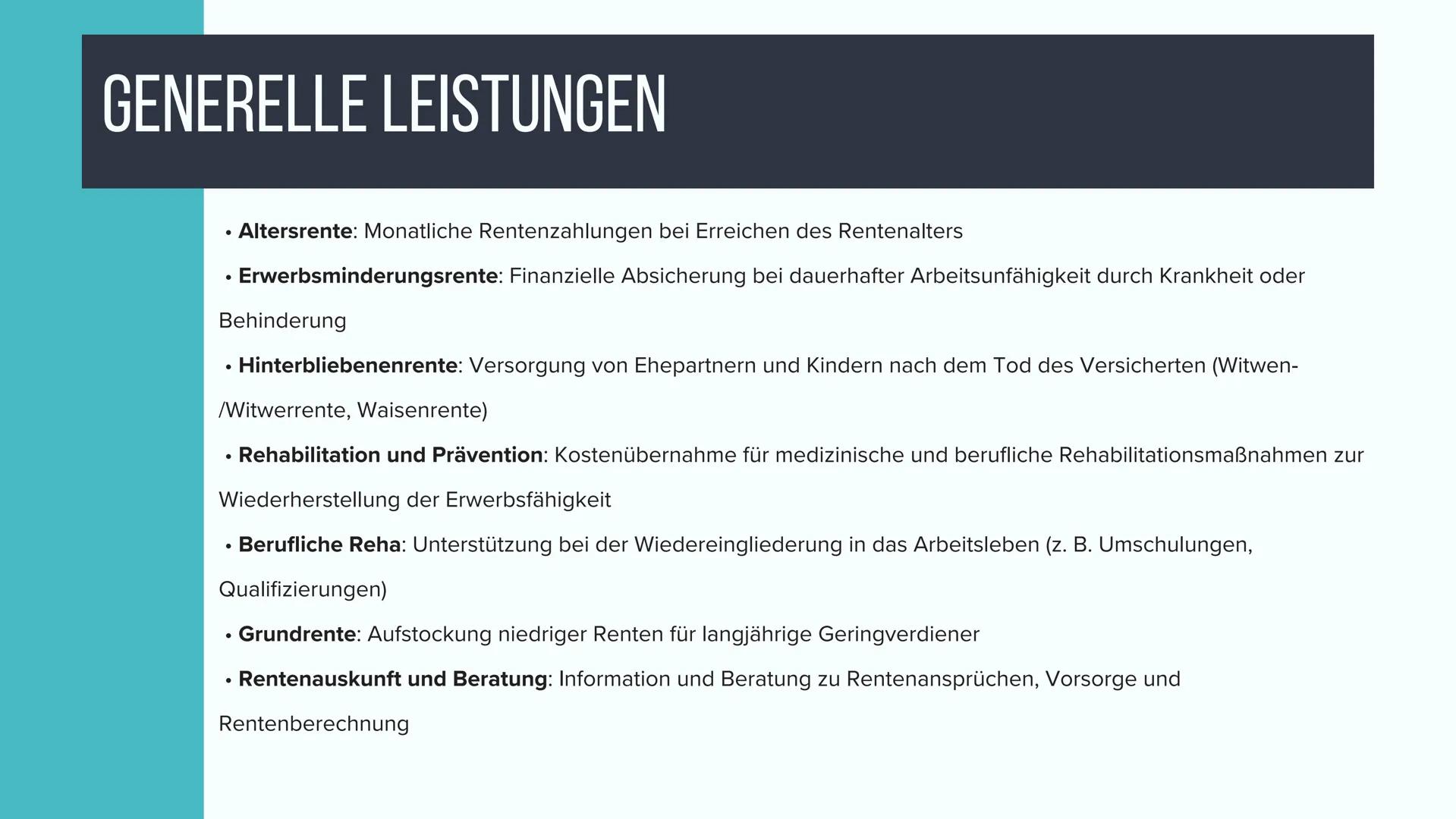 RENTENVERSICHERUNG # INHALTSVERZEICHNIS
1. GESCHICHTE DER RENTENVERSICHERUNG
2. GENERELLE VORAUSSETZUNG
3. GENERELLE LEISTUNG
4. ALTERSRENT