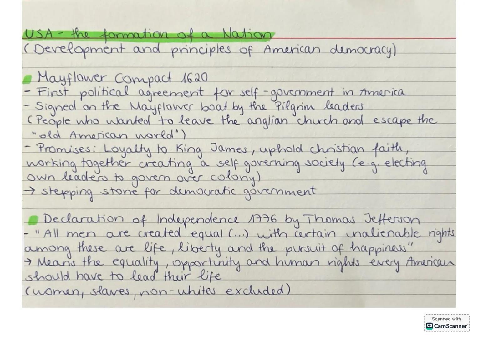 USA- the formation of a Nation
(Development and principles of American democracy)
Mayflower Compact 1620
- First political agreement for sel