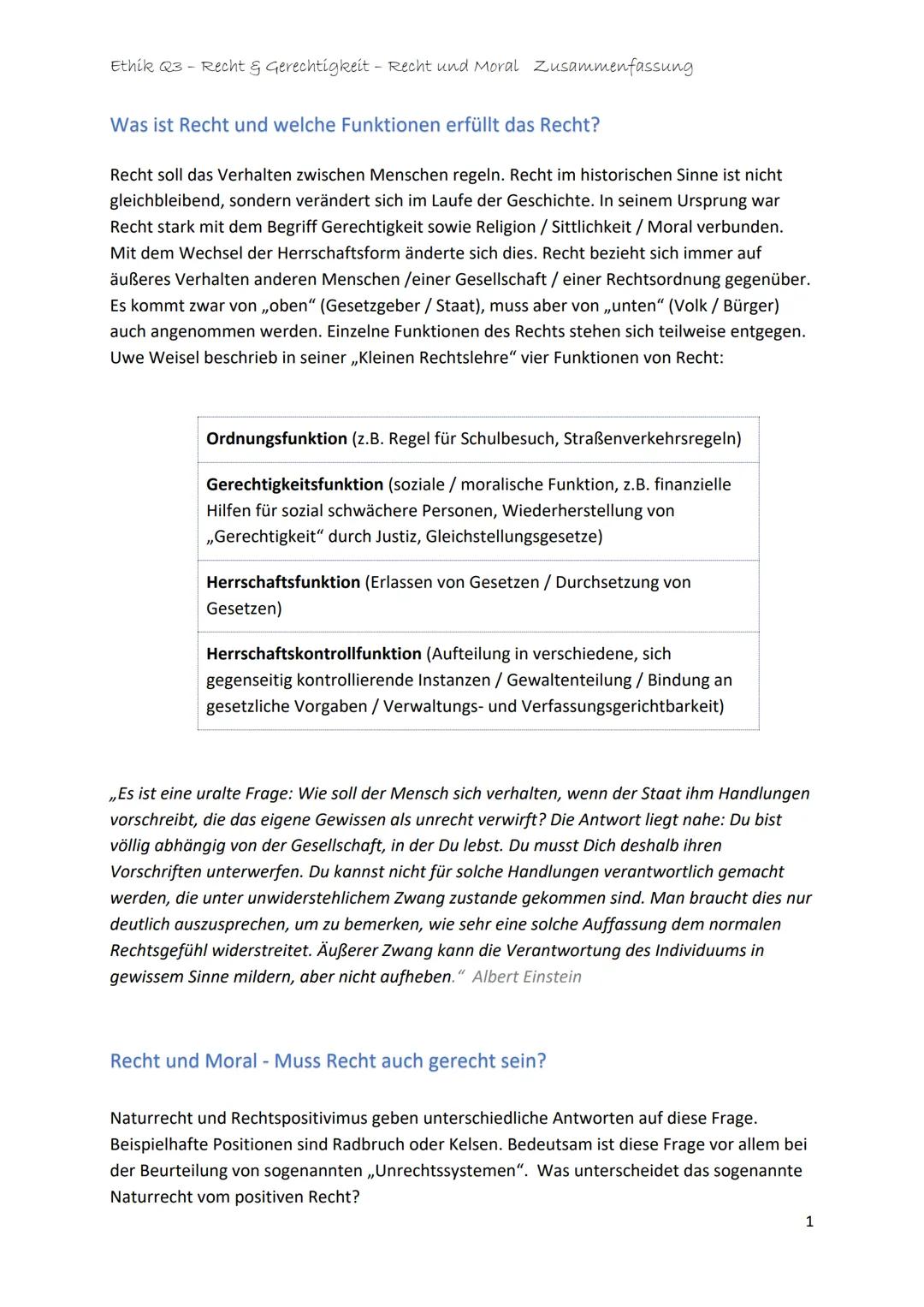 Rech und Gerechtigkeit-Recht und Moral Zusammenfassung Q3
