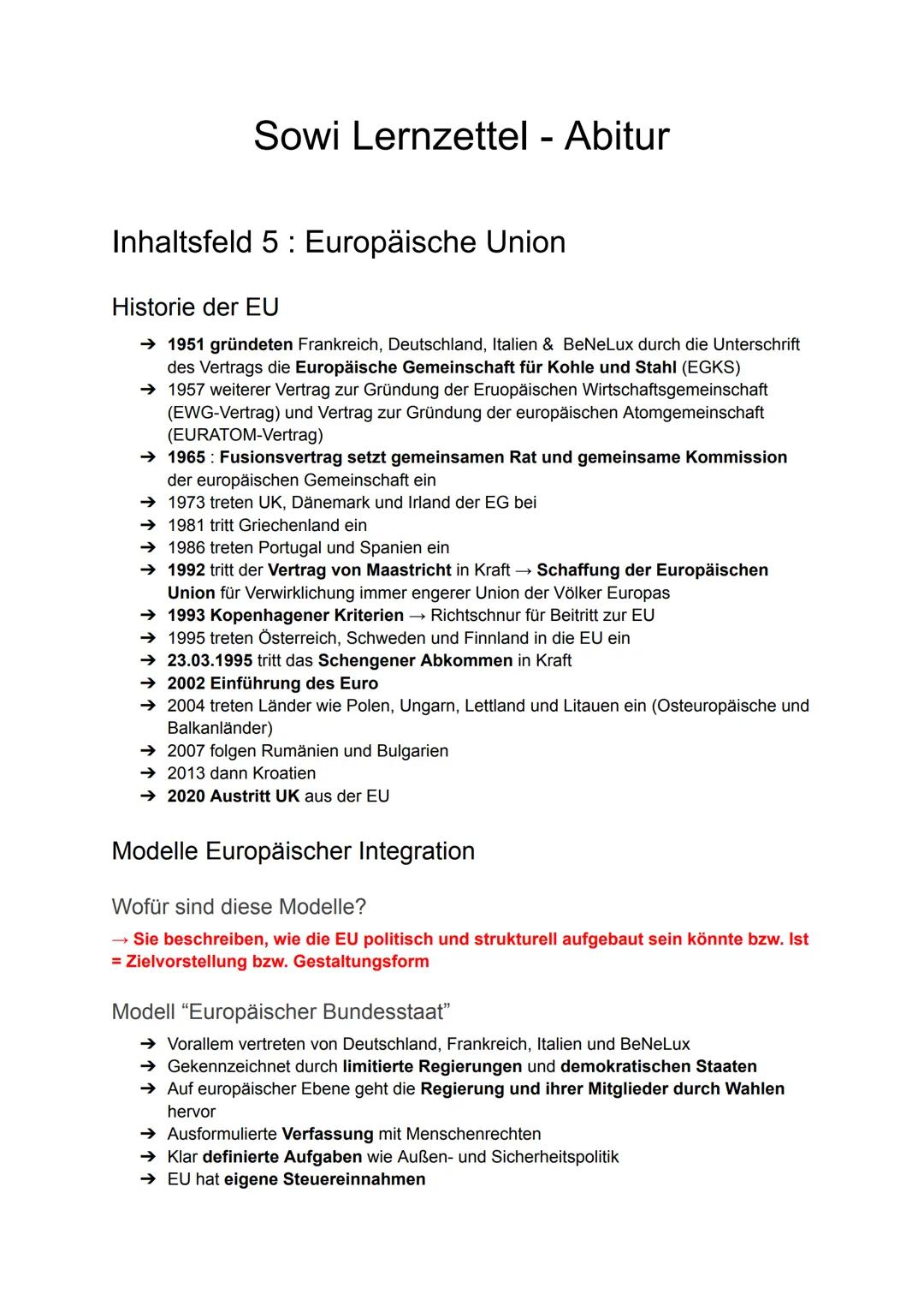 --- OCR Start ---
Sowi Lernzettel - Abitur
Inhaltsfeld 5: Europäische Union
Historie der EU
→ 1951 gründeten Frankreich, Deutschland, Italie