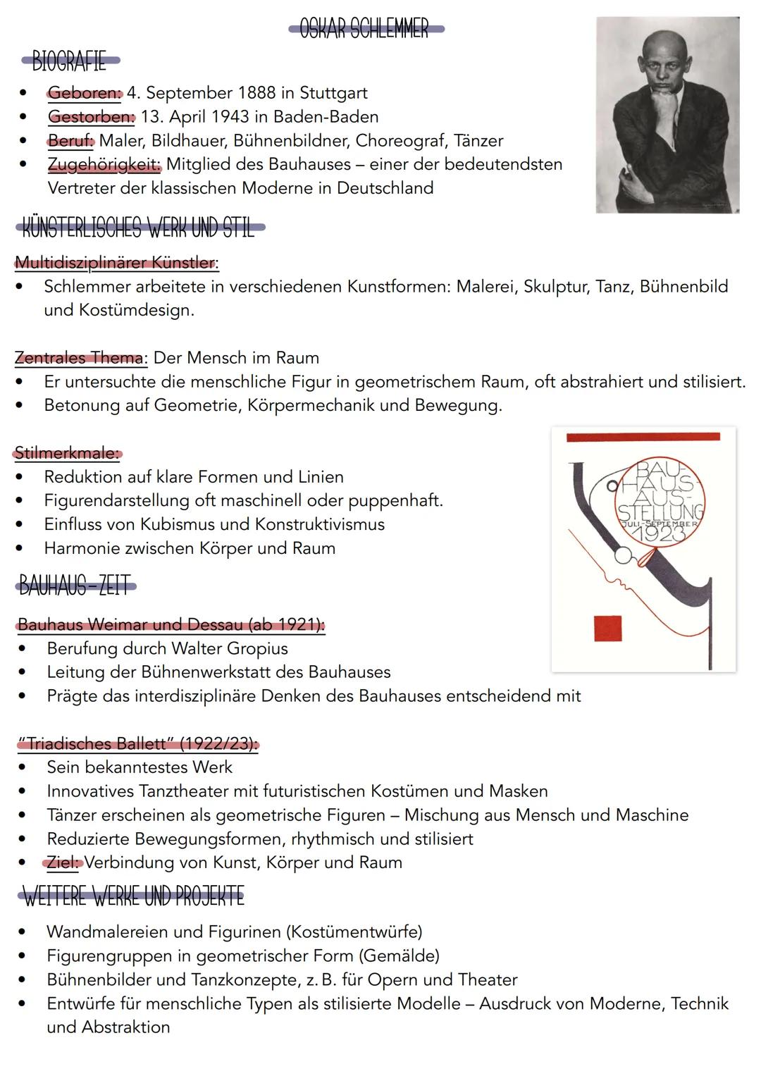 --- OCR Start ---
OSKAR SCHLEMMER
BIOGRAFIE
* Geboren: 4. September 1888 in Stuttgart
* Gestorben: 13. April 1943 in Baden-Baden
* Beruf: Ma