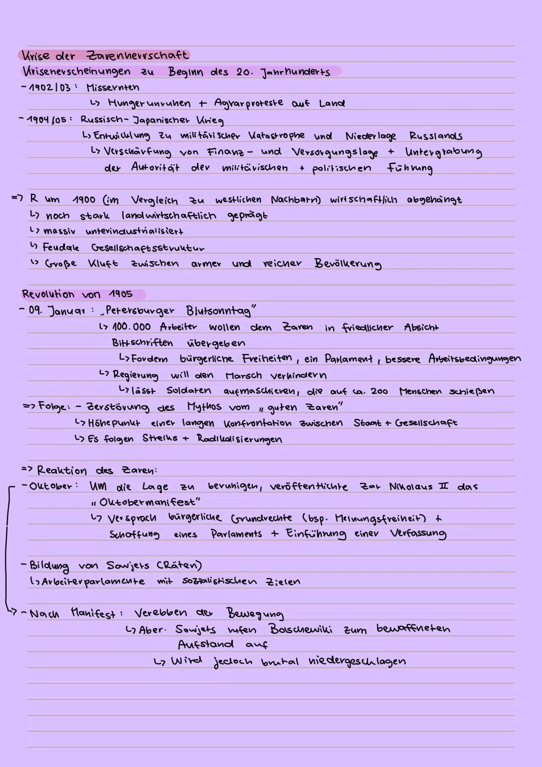 --- OCR Start ---
Krise der Zarenherrschaft
Urisenerscheinungen zu Beginn des 20. Jahrhunderts
-1902/03: Missernten
> Hunger unruhen + Agrar
