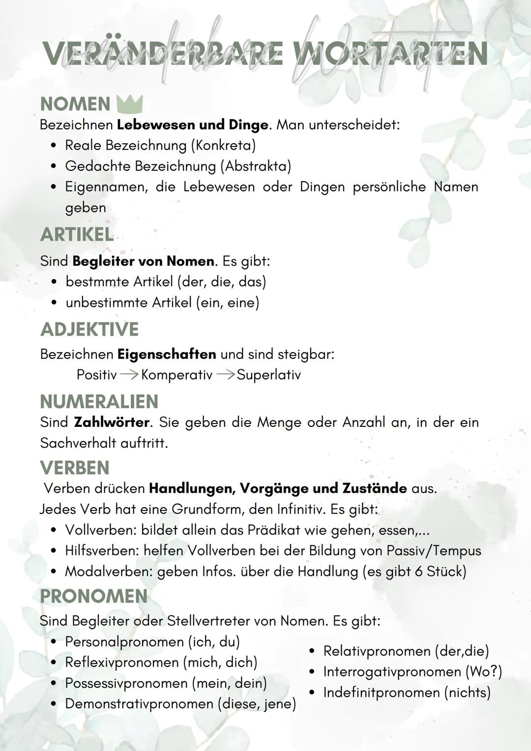 # VERÄNDERBARE WORTARTEN
NOMEN M
Bezeichnen Lebewesen und Dinge. Man unterscheidet:
- Reale Bezeichnung (Konkreta)
- Gedachte Bezeichnung (