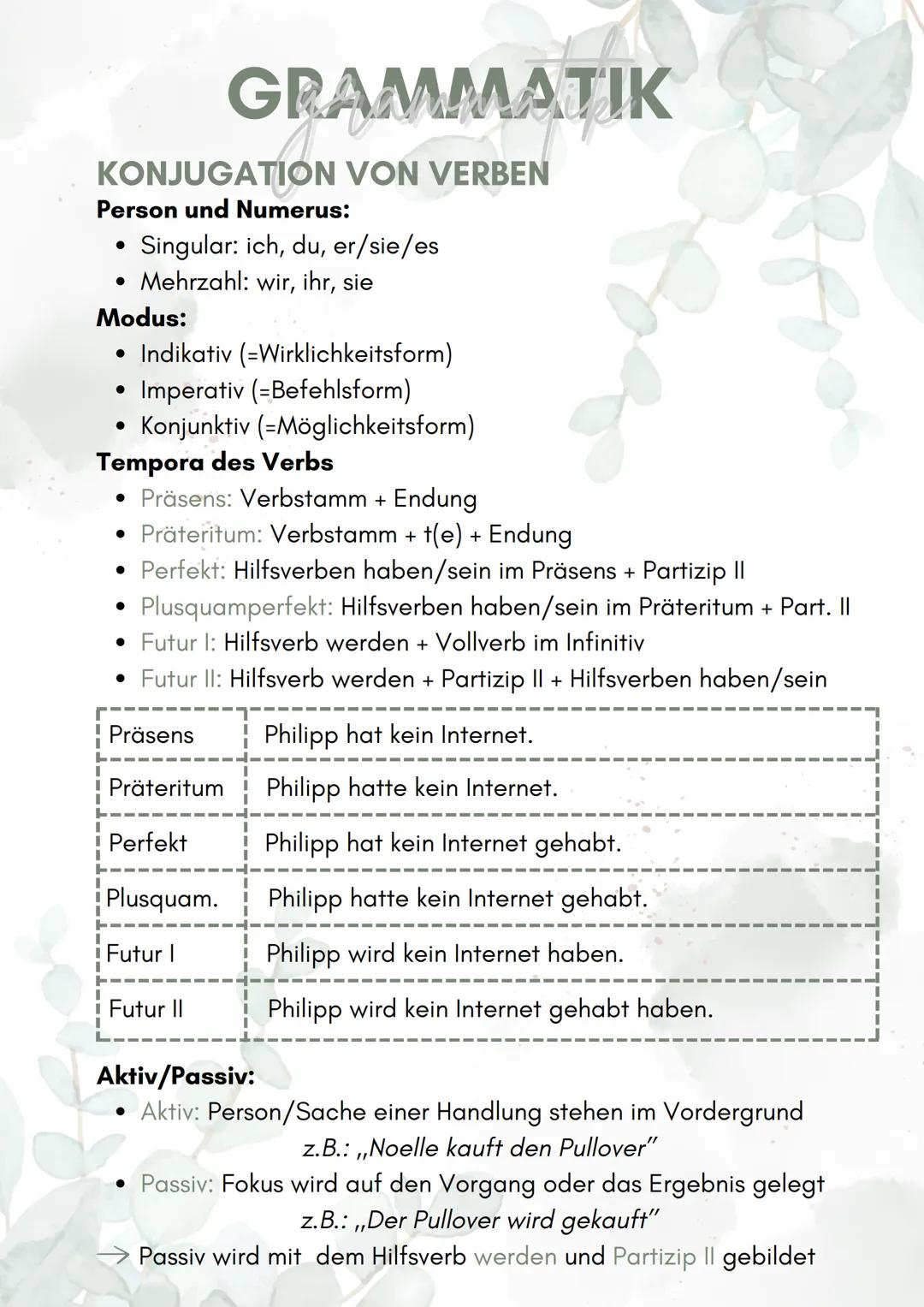--- OCR Start ---
GRAMMATIK
KONJUGATION VON VERBEN
Person und Numerus:
• Singular: ich, du,er/sie/es
• Mehrzahl: wir, ihr, sie
Modus:
• Indi