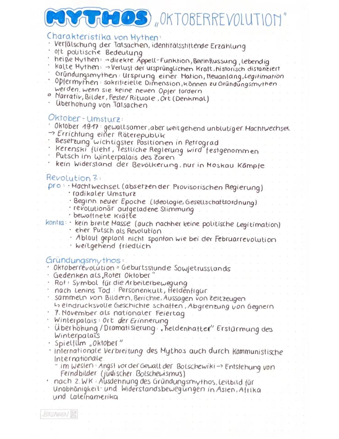 # MYTHOS ,OKTOBERREVOLUTION"
**Charakteristika von Mythen:**
* verfälschung der Tatsachen, identitätsstiftende Erzählung
* oft politische B