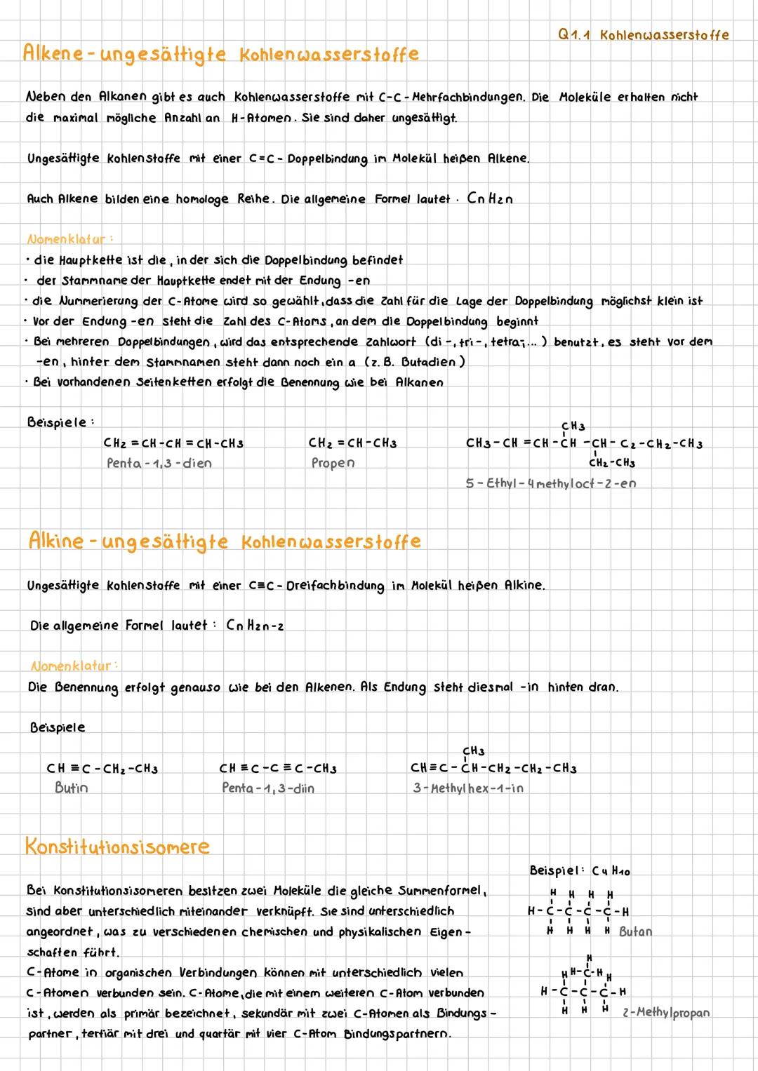 # Q1 Stoffgruppen in der organischen Chemie
# Q1.1 Kohlenwasserstoffe
Kohlen wasserstoffe sind die einfachsten organischen Verbindungen. Sie