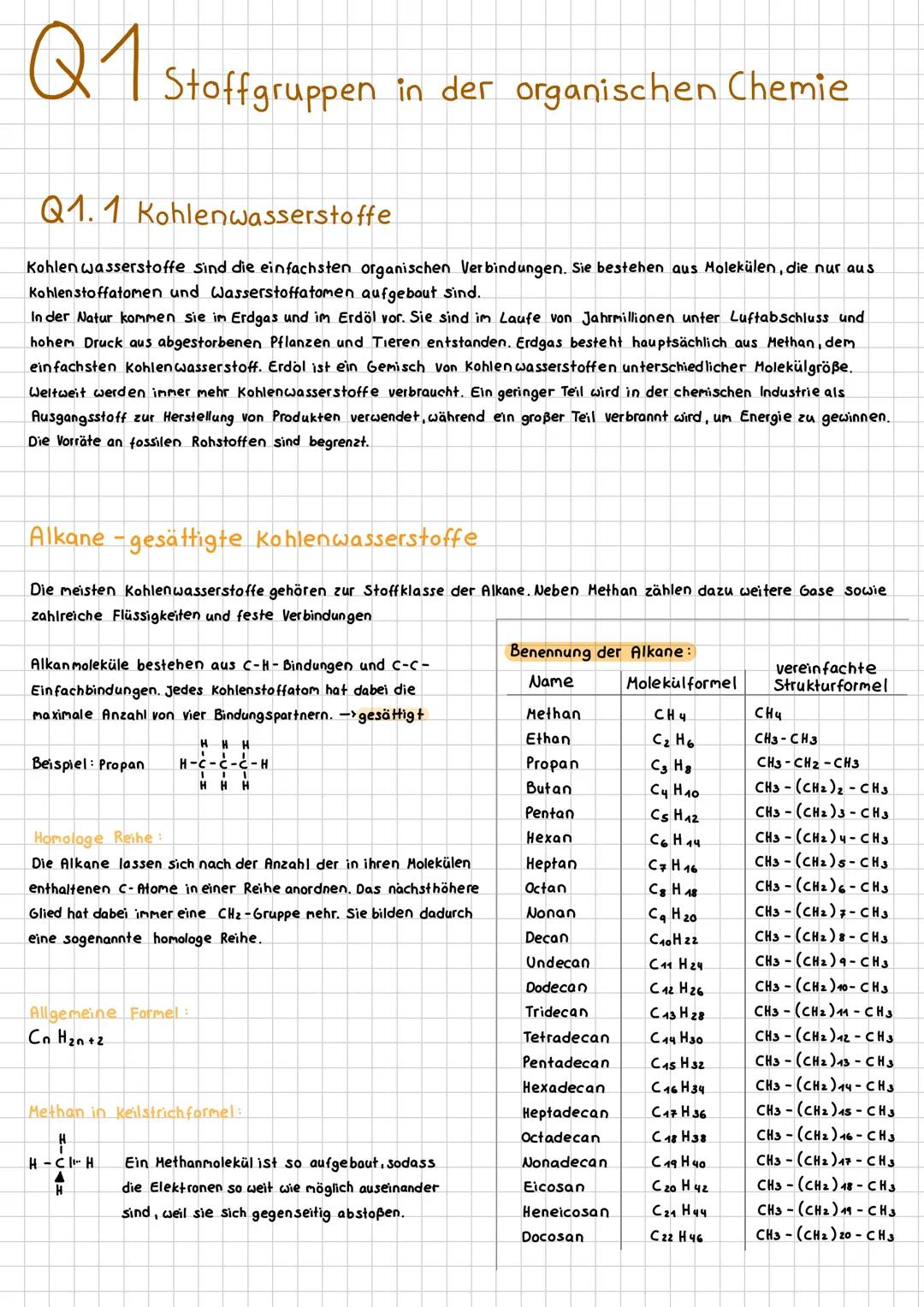 # Q1 Stoffgruppen in der organischen Chemie
# Q1.1 Kohlenwasserstoffe
Kohlen wasserstoffe sind die einfachsten organischen Verbindungen. Sie