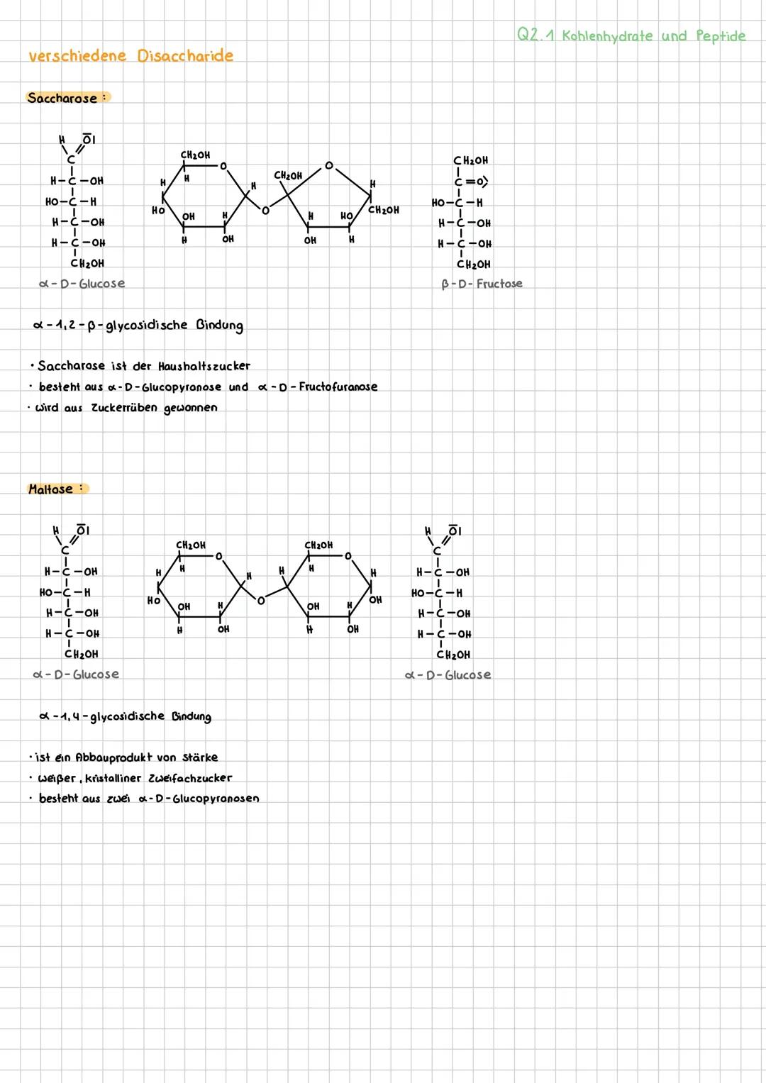 --- OCR Start ---
Q2 Naturstoffe und Synthesechemie
Q2.1 Kohlenhydrate und Peptide
Traubenzucker, Rohrzucker und Stärke gehören zur Stoffkla