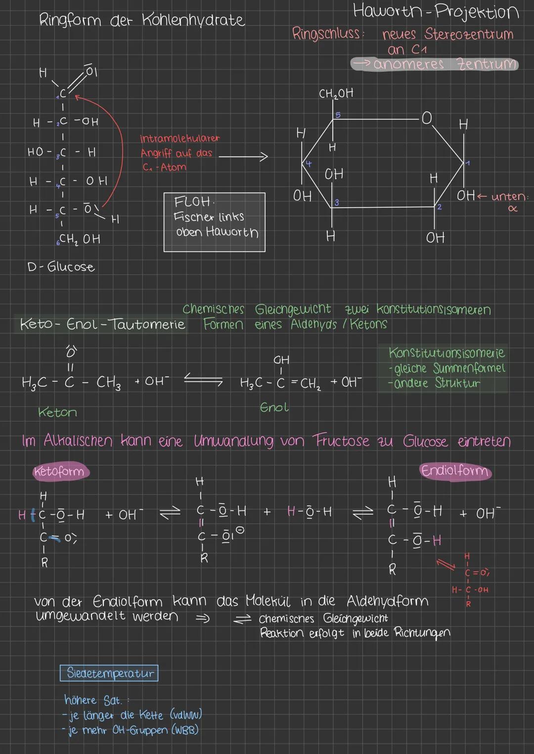 Lernblatt Kohlenhydrate
1:1 Kohlenstoff, Wasser
Definition: Alle Stoffe, die formal die Summenformel $C_n(H_2O)_n$ haben,
werden als Kohle