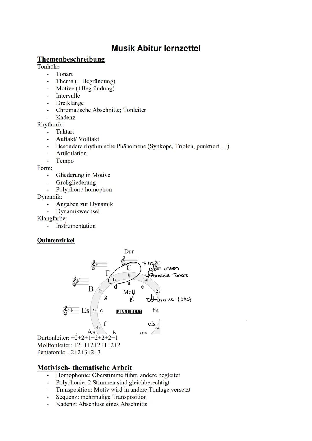 Musik Abitur lernzettel
Themenbeschreibung
Tonhöhe
- Tonart
- Thema (+ Begründung)
- Motive (+Begründung)
- Intervalle
- Dreiklänge
- Chrom