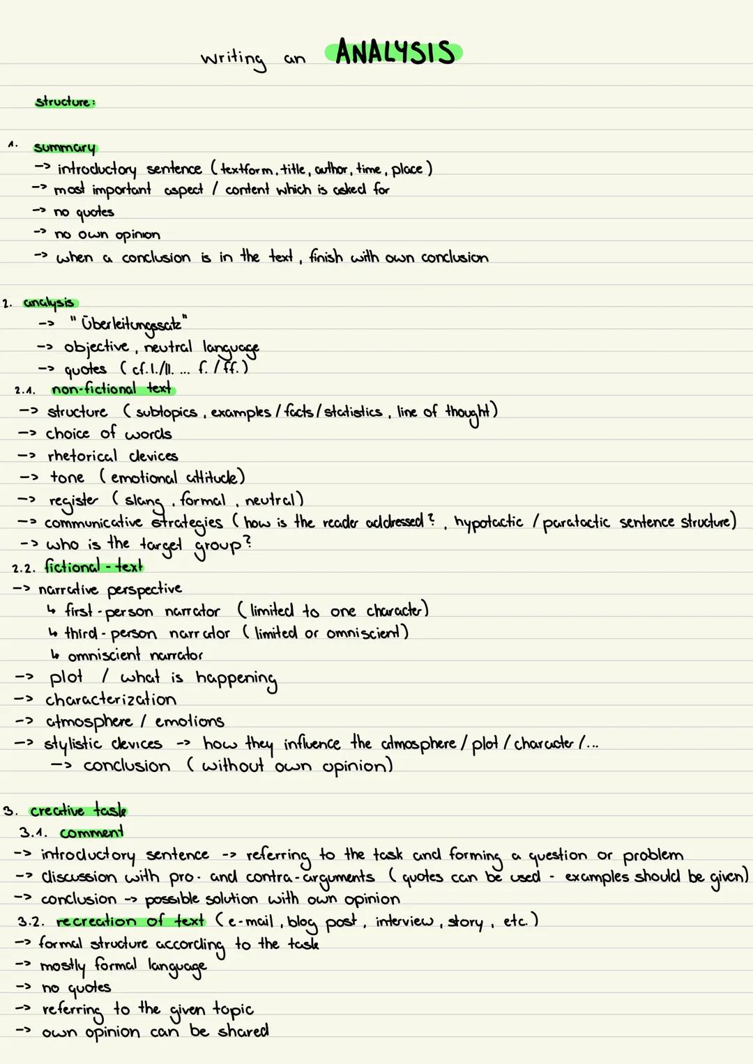 writing an ANALYSIS
Structure:
A.
Summary
→ introductory sentence (textform, title, author, time, place)
→ most important aspect / content w