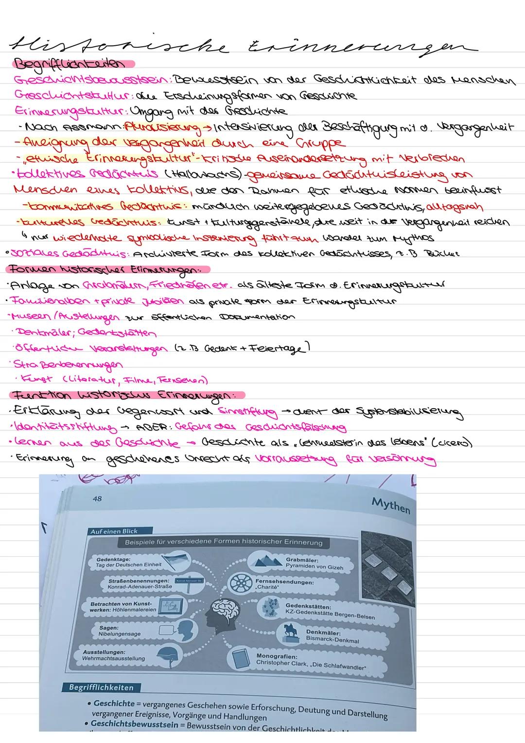 # Historische Erinnerungen
Begrifflianteiten
Geschichtsbewusstsein: Bewusstsein von der Geschichtlichkeit des Menschen
Geschichtstuttur:
