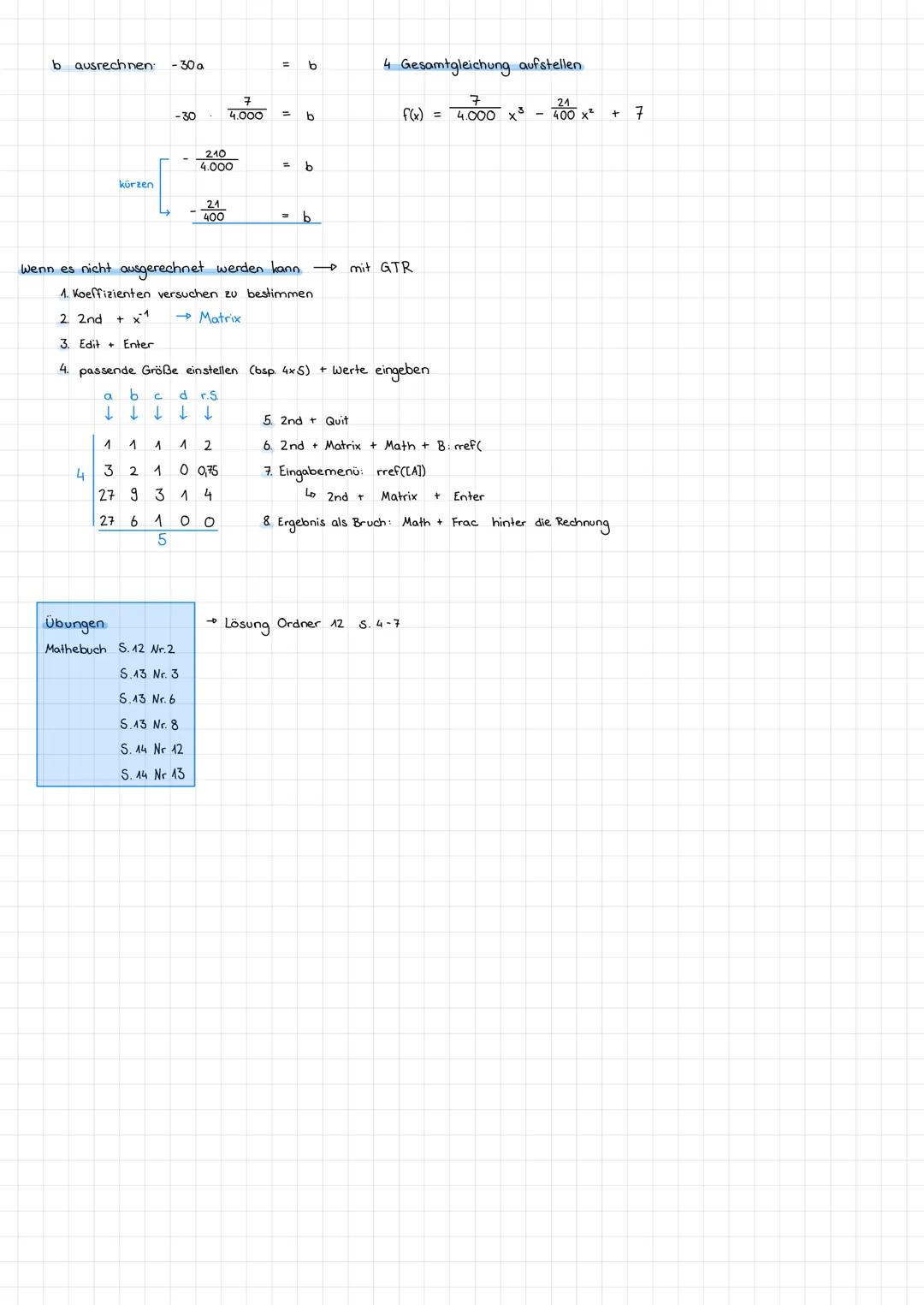# Analysis --- OCR Start ---
b ausrechnen -30 a = b
-30
7
4.000
b
kürzen
-
210
4.000
b
-
24
400
b
4 Gesamtgleichung aufstellen.
f(x)=\frac{7