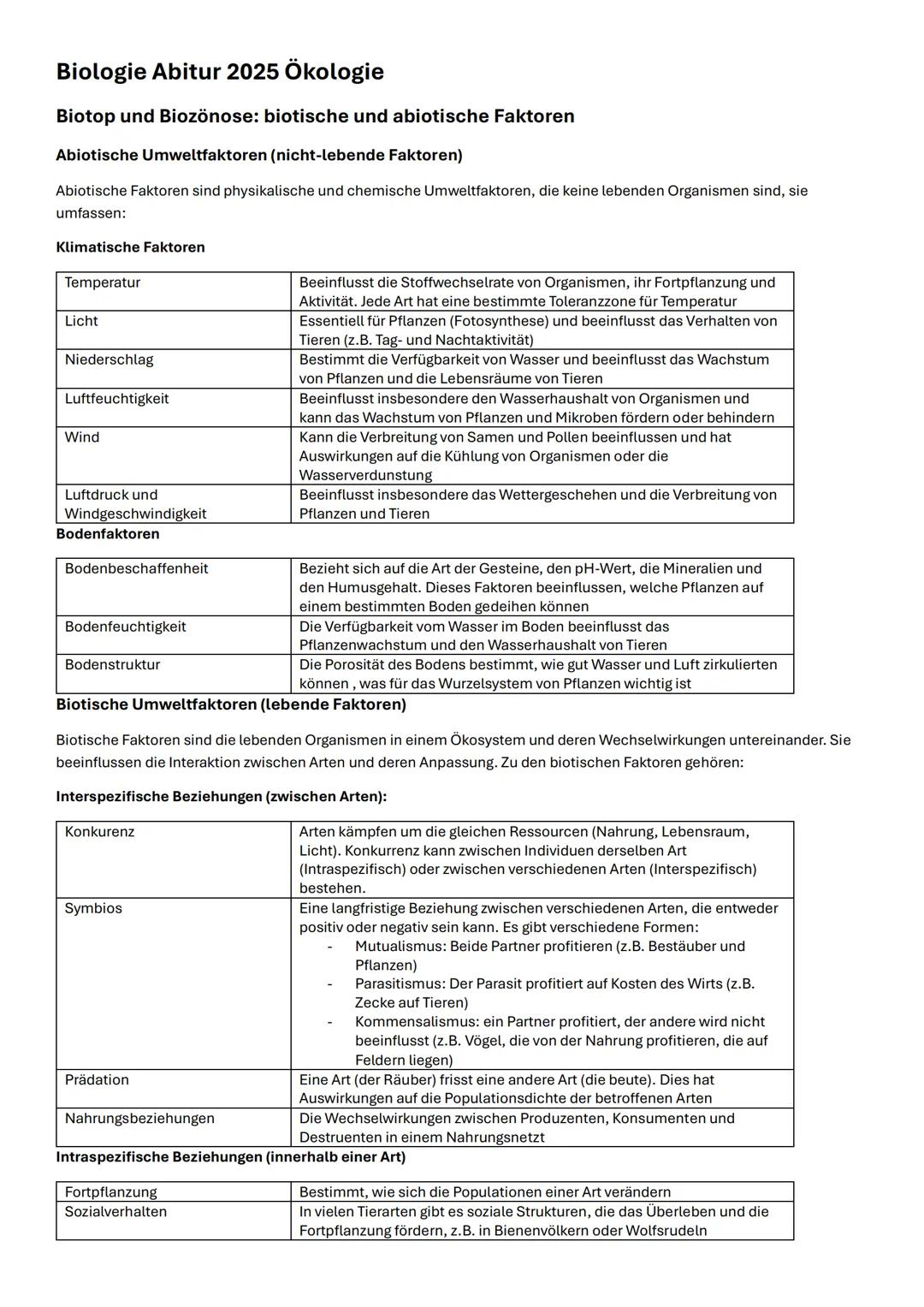 Biologie Abitur 2025 Ökologie
Biotop und Biozönose: biotische und abiotische Faktoren
Abiotische Umweltfaktoren (nicht-lebende Faktoren)
Abi