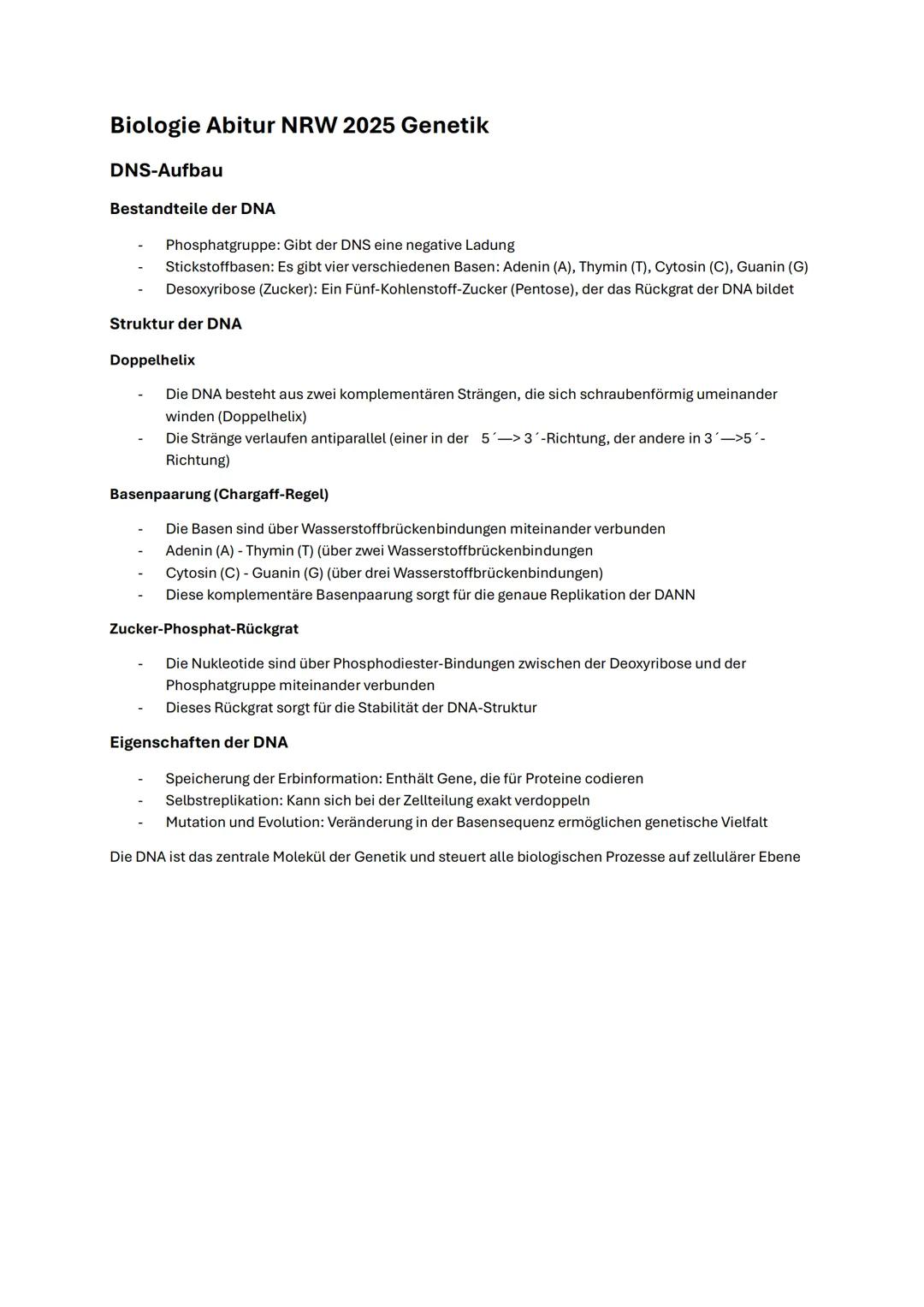 --- OCR Start ---
Biologie Abitur NRW 2025 Genetik
DNS-Aufbau
Bestandteile der DNA
- Phosphatgruppe: Gibt der DNS eine negative Ladung
- Sti