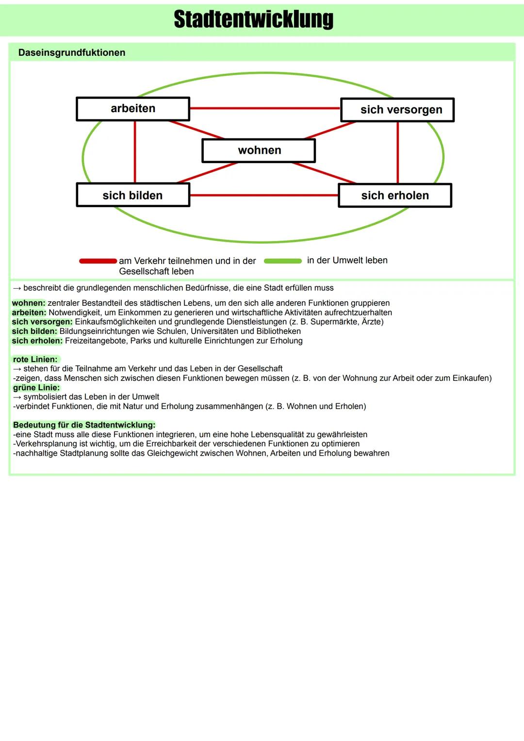 # Stadtentwicklung
Stadt
→ ein dicht besiedelter, abgegrenzter Siedlungsraum mit geschlossener Siedlungsform und deutlicher funktionaler i