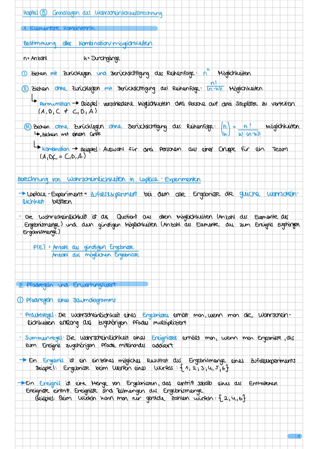 3. Stochastik
Kapitel Grundlagen des Wahrscheinlichkeitsrechnung
1. Elementore Kombinatorik  S. 1
2. Pfadregeln und Erwortungswert S. 1
3. B