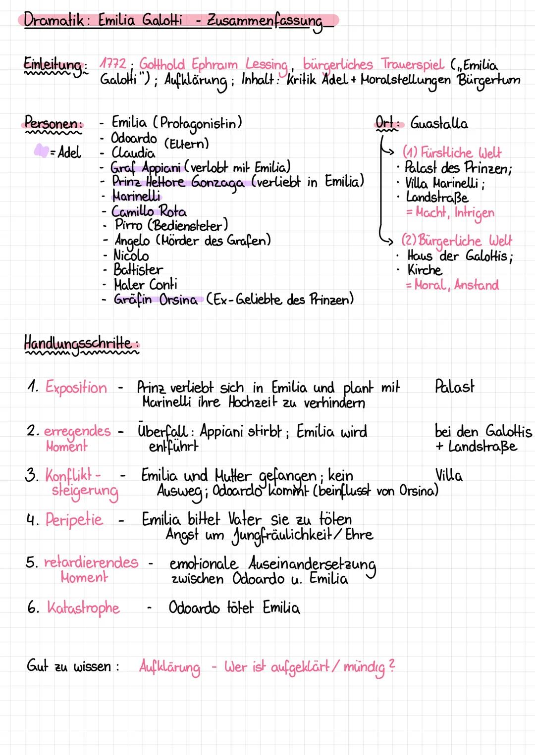 Dramatik: Emilia Galotti - Zusammenfassung
Einleitung: 1772 Gotthold Ephraim Lessing, bürgerliches Trauerspiel ("Emilia
Galotti"); Aufkläru