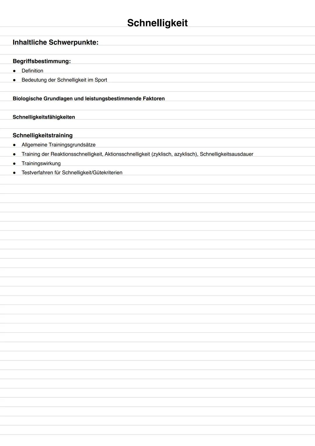 # Schnelligkeit
Inhaltliche Schwerpunkte:
Begriffsbestimmung:
* Definition
* Bedeutung der Schnelligkeit im Sport
Biologische Grundla