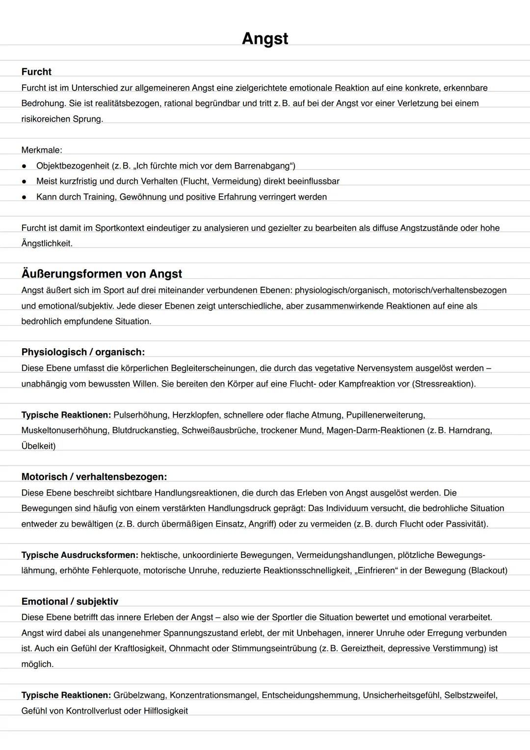 # Emotionale Prozesse im Sport: Angst
Inhaltliche Schwerpunkte:
Begriffsbestimmungen
- Angst, Ängstlichkeit, Furcht
Äußerungsformen von A