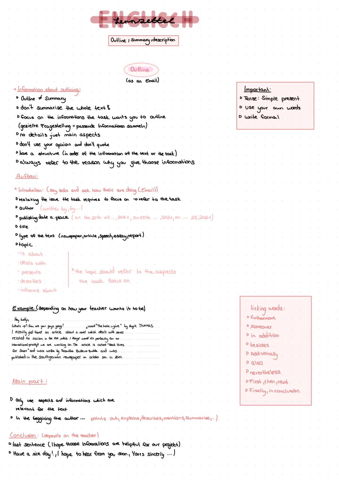 --- OCR Start ---
Lennsettel
Outline / Summary, description
• Information about outlining:
• Outline Summary
• don't summarise the whole tex