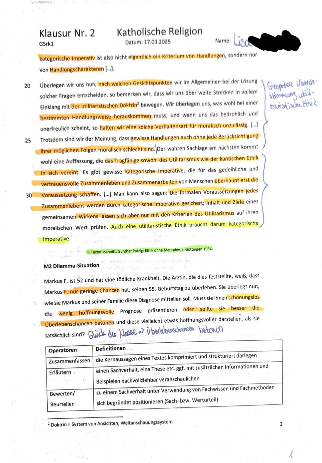 Klausur Nr. 2
G5rk1
Katholische Religion
Datum: 17.03.2025
Name: Lisa
Aufgabe 1
Aufgabe 2
Aufgabe 3 Gesamtnotenpunkte
Gesamtwertungs-
antei