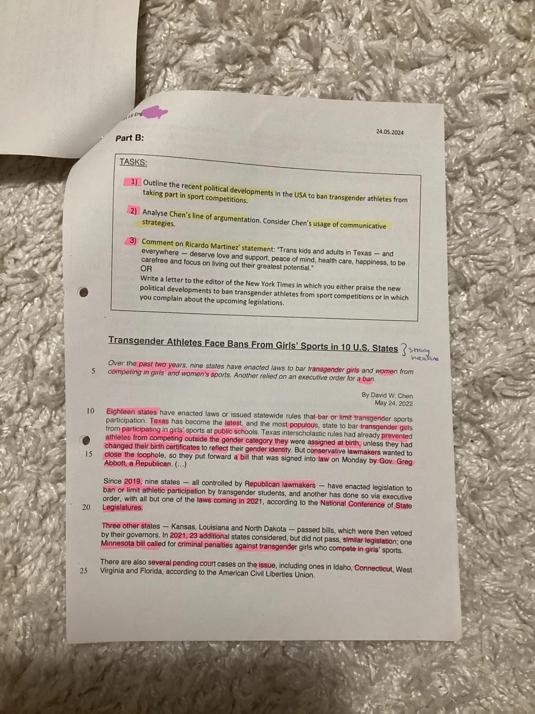 --- OCR Start ---
24.05.2024
Part B:
TASKS:
1) Outline the recent political developments in the USA to ban transgender athletes from
taking